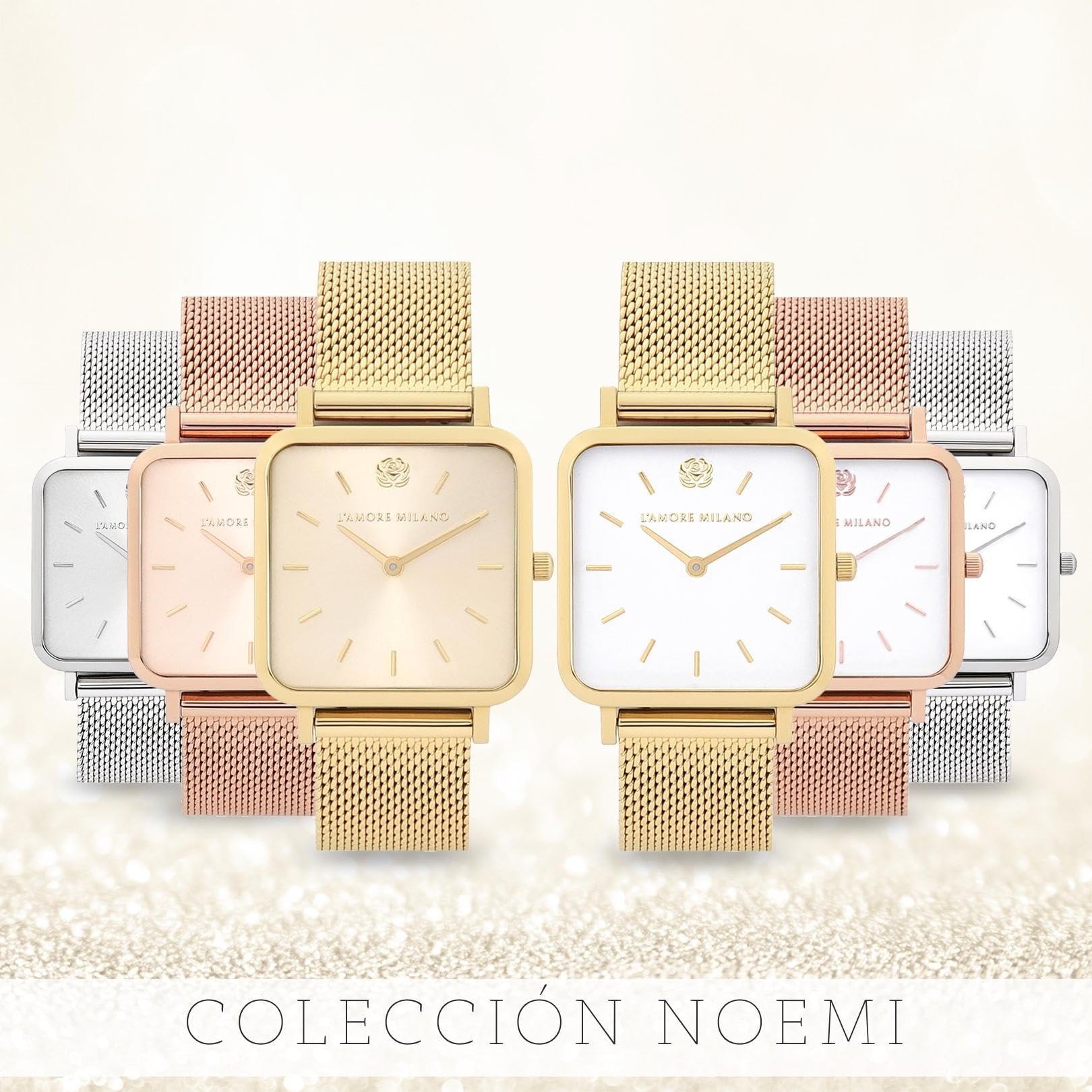 L'AMORE MILANO - Reloj Mujer Regalos Originales para Mujer - 28mm Relojes Mujer Cuadrado para Novias, Madres Oro, Rosa y Plata