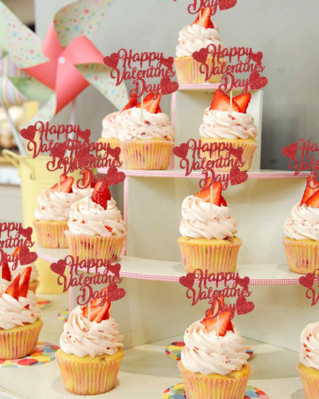 40PCS Valentines Cupcake Toppers, Red Glitter Happy Valentines Day Toppers for Wedding Engagement Party Decorations