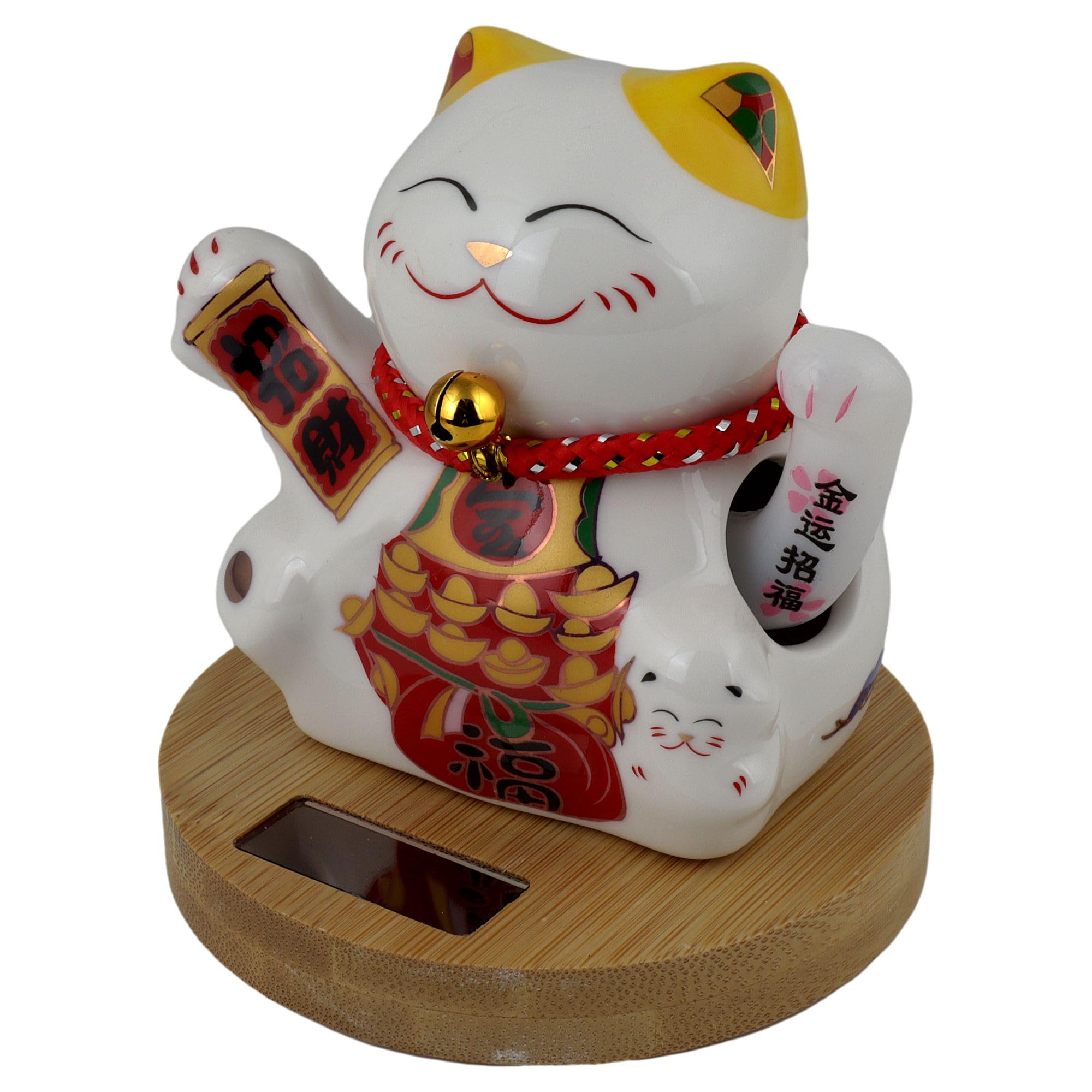 Freak Scene Agitando Gato Chino cerámica 10cm Blanco con Base de bambú Solar Maneki-Neko Gato de la Suerte de Lucky Cat Modelo 05