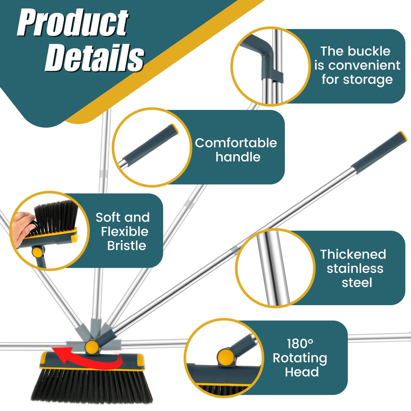 Broom and Dustpan Set for Home, 180° Rotating Broom Combo, Foldable Standing Dustpan and Brush, Long Handle Broom and Dustpan Combo Set with Scraper Teeth for Cleaning Room Office Lobby Floor (A)