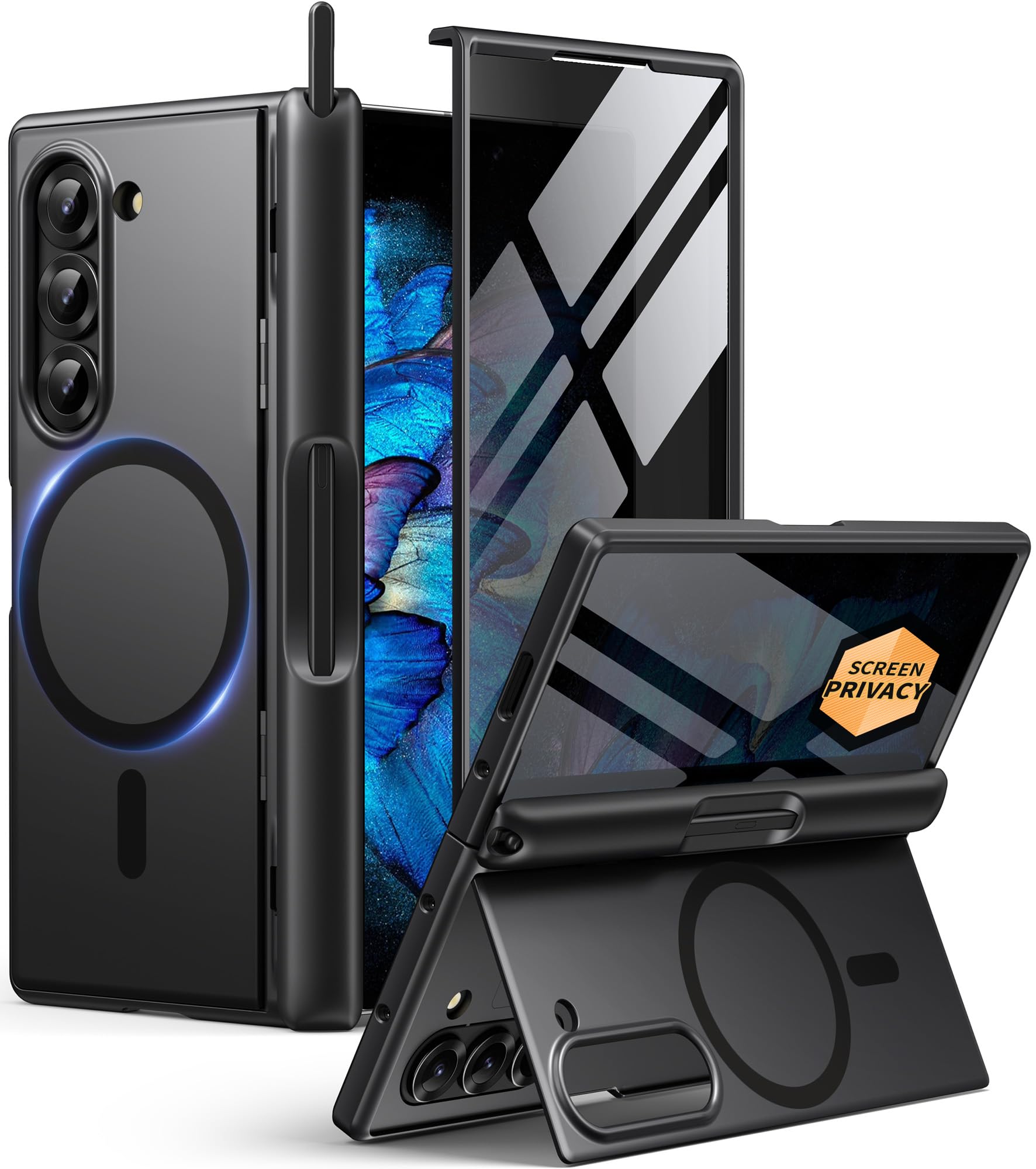 BERFY for Z Fold 6 Case with Privacy Screen Protector, [Compatible with MagSafe] Built-in Kickstand & S Pen Slot & Hinge Protection, Full Body Shockproof Phone Case for Samsung Galaxy Z Fold 6, Black