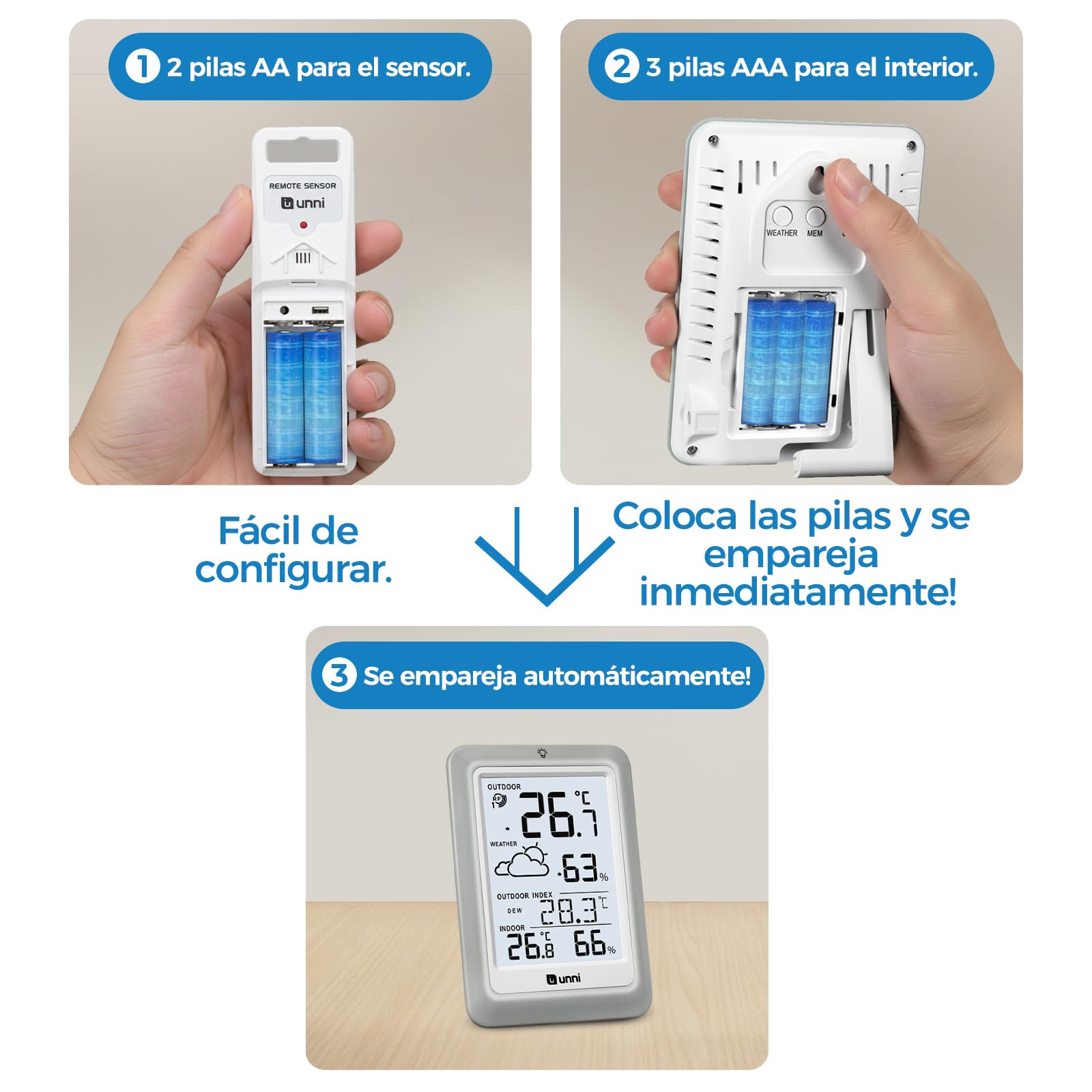 Termómetro inalámbrico para interiores y exteriores funciona con baterías, Sensor remoto de 100 m de alcance y pantalla con retroiluminación