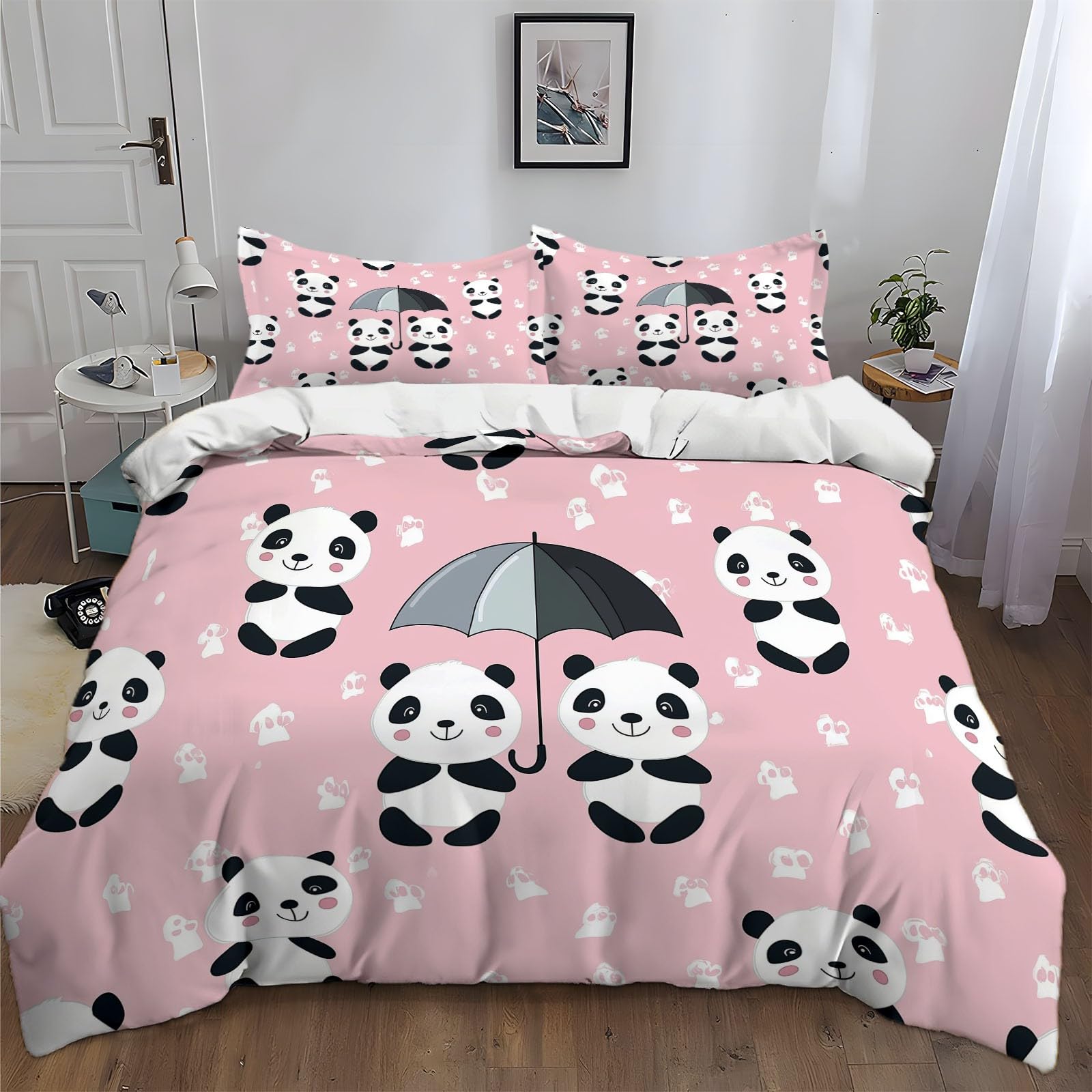 Duvet Cover King Size Cartoon Giant Panda Reversible 3 Pieces Duvet Cover Set, Bedding Set for All Season, Soft and Breathable Bedding Set with Zipper Closure