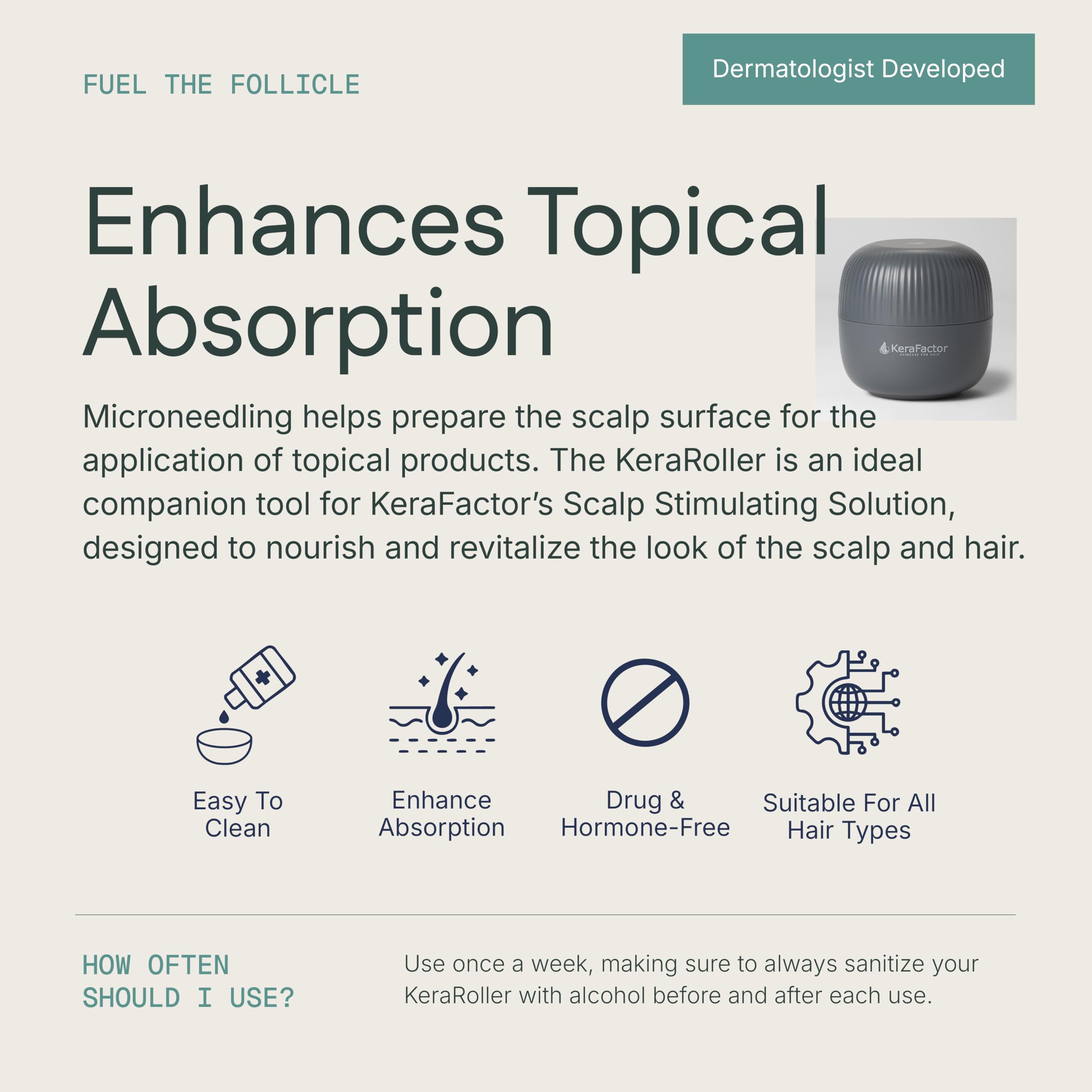 KeraFactor KeraRoller Precision Scalp Microneedling Handheld Device to Support Healthier-Looking Hair, 1,200 Stainless Steel 0.25 mm microneedles for Enhanced Topical Absorption, Safe for All Hair