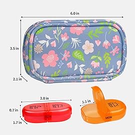 Serfeymi Weekly Travel Pill Organizer 2 Times A Day AM PM Upgraded Rainbow Pill Box 7 Day with Portable Zipper PU Leather Pill Case, Medicine Organizer for Pills, Vitamins, Fish Oils - Floral 02