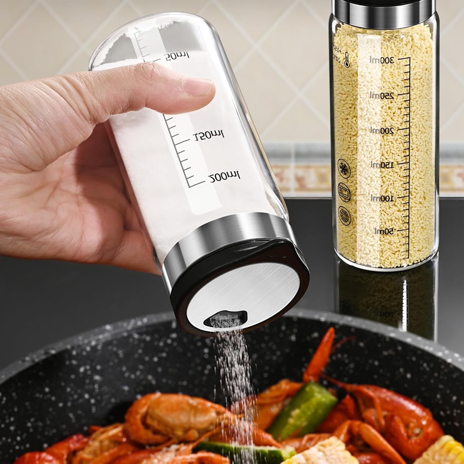 Salt And Pepper Shakers,High Borosilicate Glass With Stainless Steel Lid,Salt Dispenser For Kitchen (Black, 450ML)