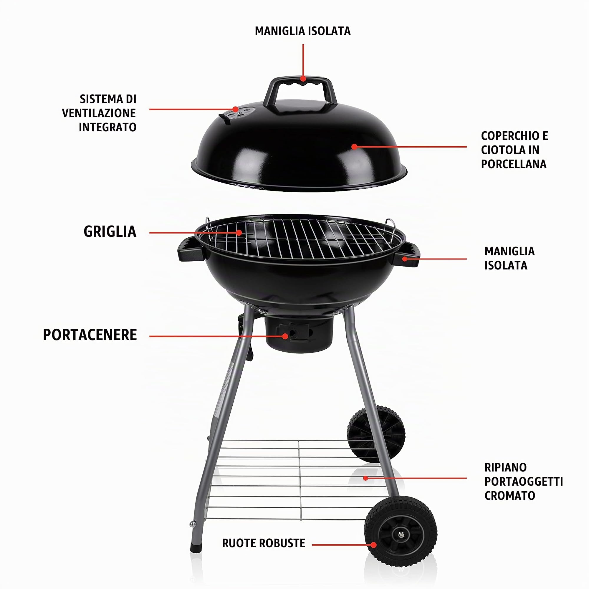 BBQ Collection Barbecue a Carbone - Barbecue a Sfera - BBQ - con Coperchio - Ø 45 cm - Nero