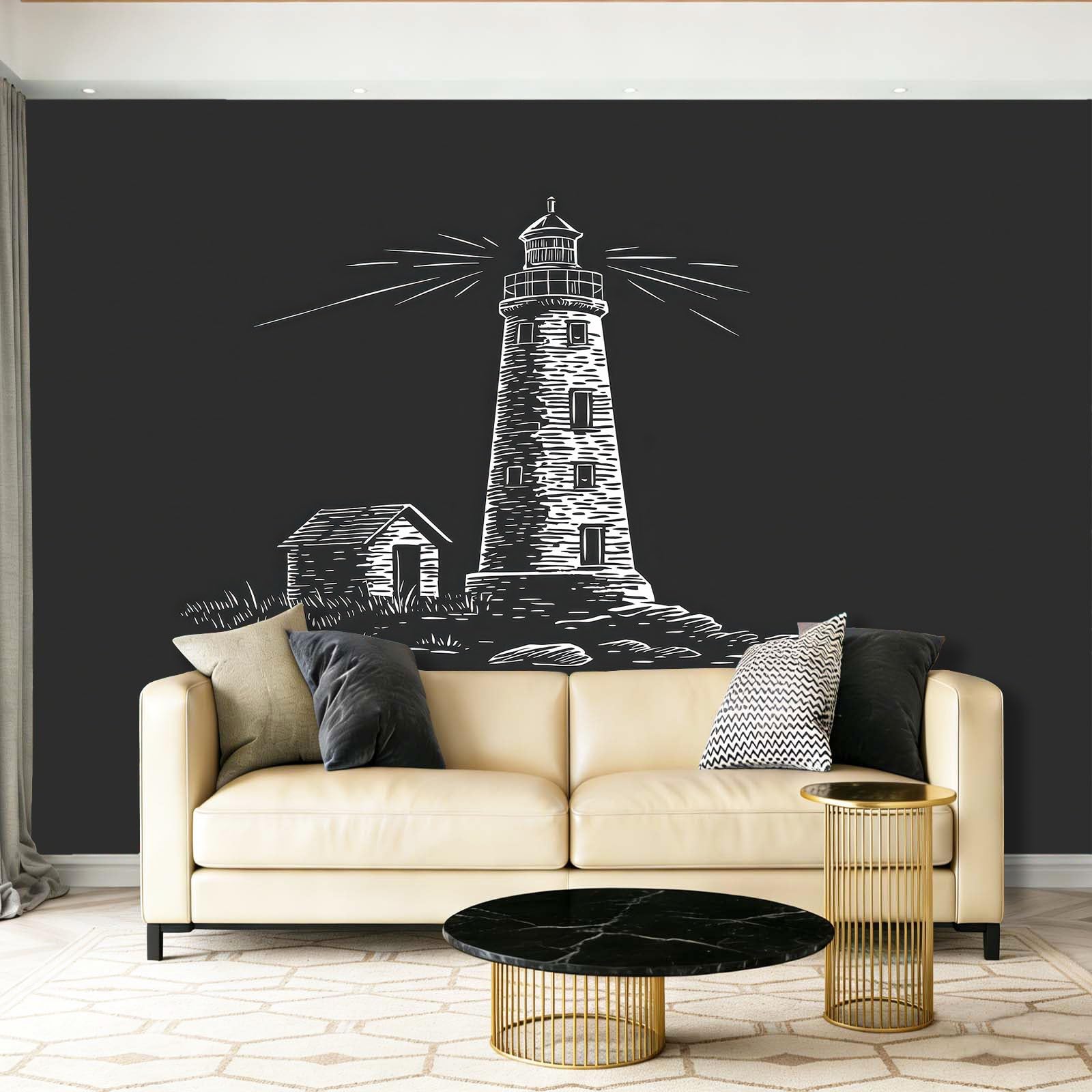 Fototapeta Malarstwo atramentowe domek latarnia morska fotografia ścienna do sypialni pokoju dziecięcego, 300 x 210 cm tapeta artystyczna, czarna