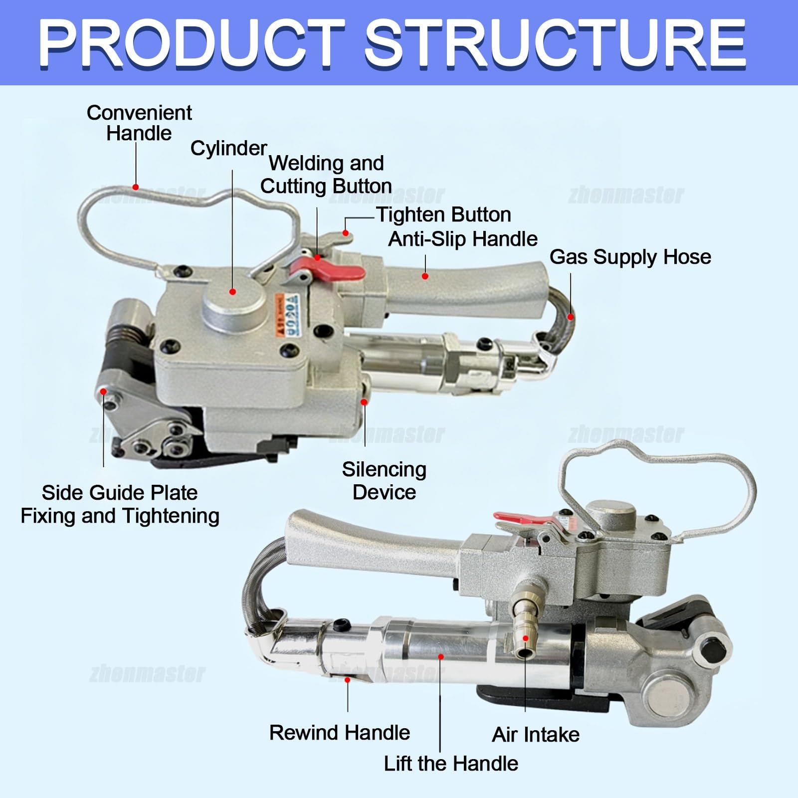 Presse pneumatique portative pour cerclage, 13-25 mm de largeur, machine d'emballage portable avec traction de 3500 N, haute efficacité pour emballage industriel