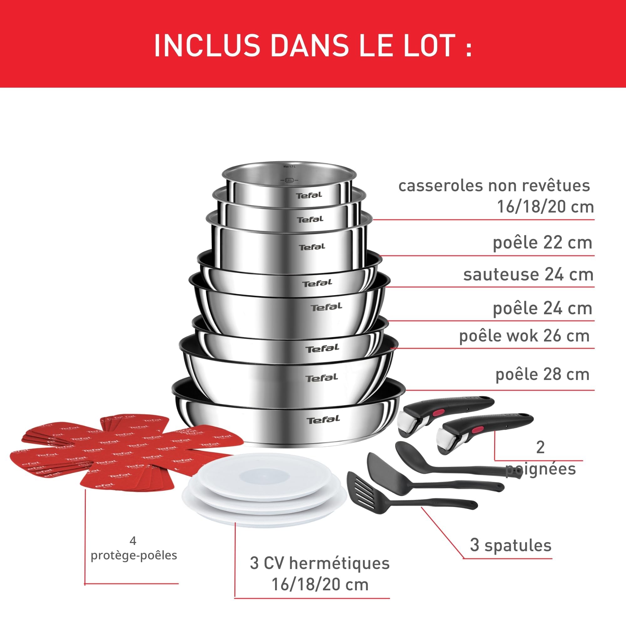 Gros plan sur le système de poignée amovible sécurisée du set Tefal Ingenio, conçu pour l'empilage et la polyvalence.
