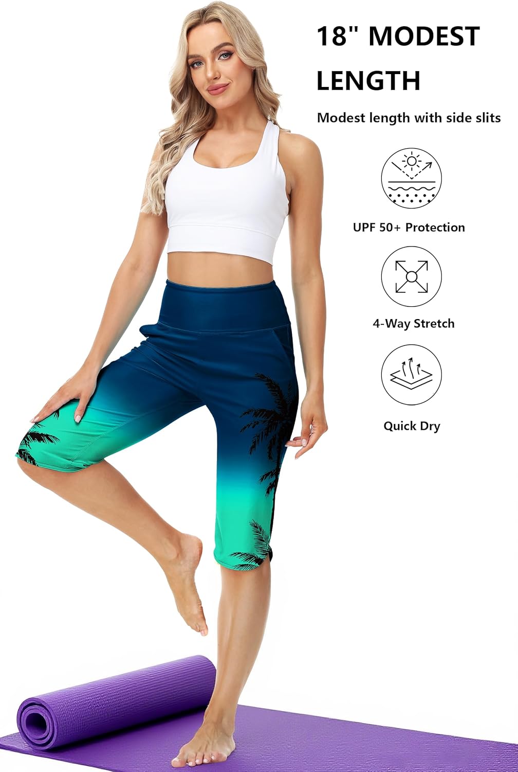AOBUTE Womens Swim Capris Pant Sun Protection High Waisted Swimming Leggings with Pockets (No Lining)