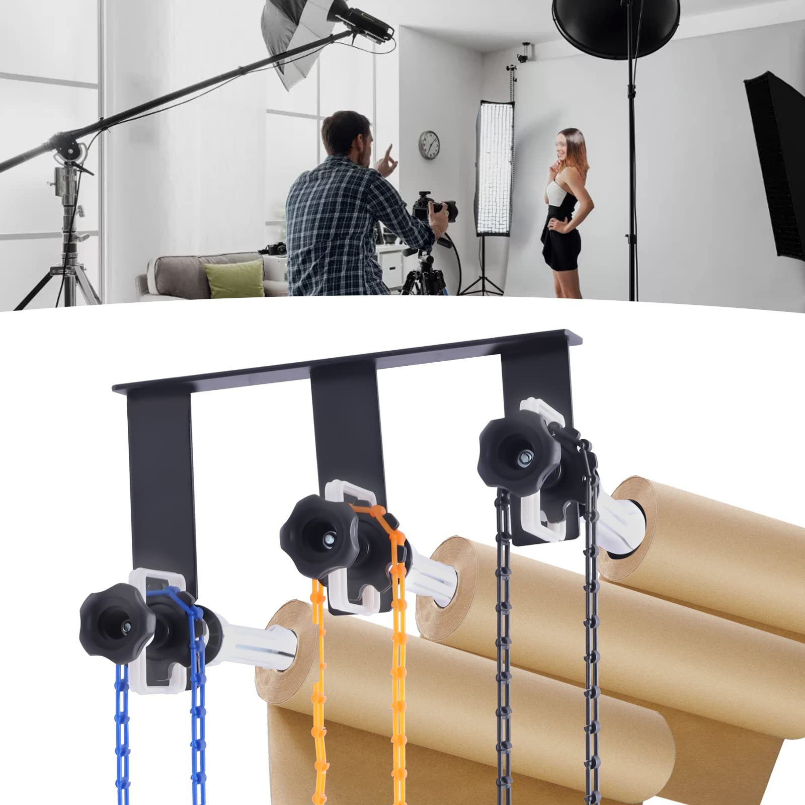 Fotografía 3 rodillos Montaje pared Sistema de Soporte Manual Fondo Sobre Rodillos, Soporte para Colgar Fondos Fotografía: (2) Gancho triple (6) Varillas de Extensión (3) Cadenas, Capacidad carga 8 kg