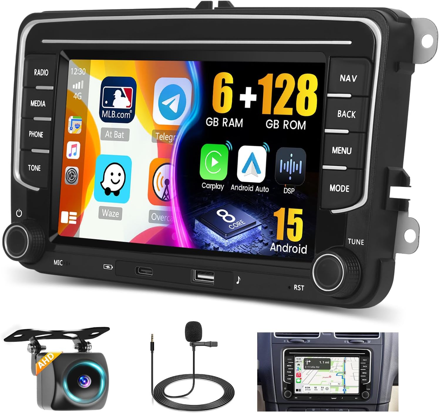 8 Core 6G + 128G DSP Hikity Android Car Radio for VW Golf 5 6 Passat Tiguan Polo Caddy Seat 7 Inch Touchscreen Car Radio with Wireless CarPlay Android Car GPS WiFi RDS/FM BT 59UI Type CSWC Mic Cam