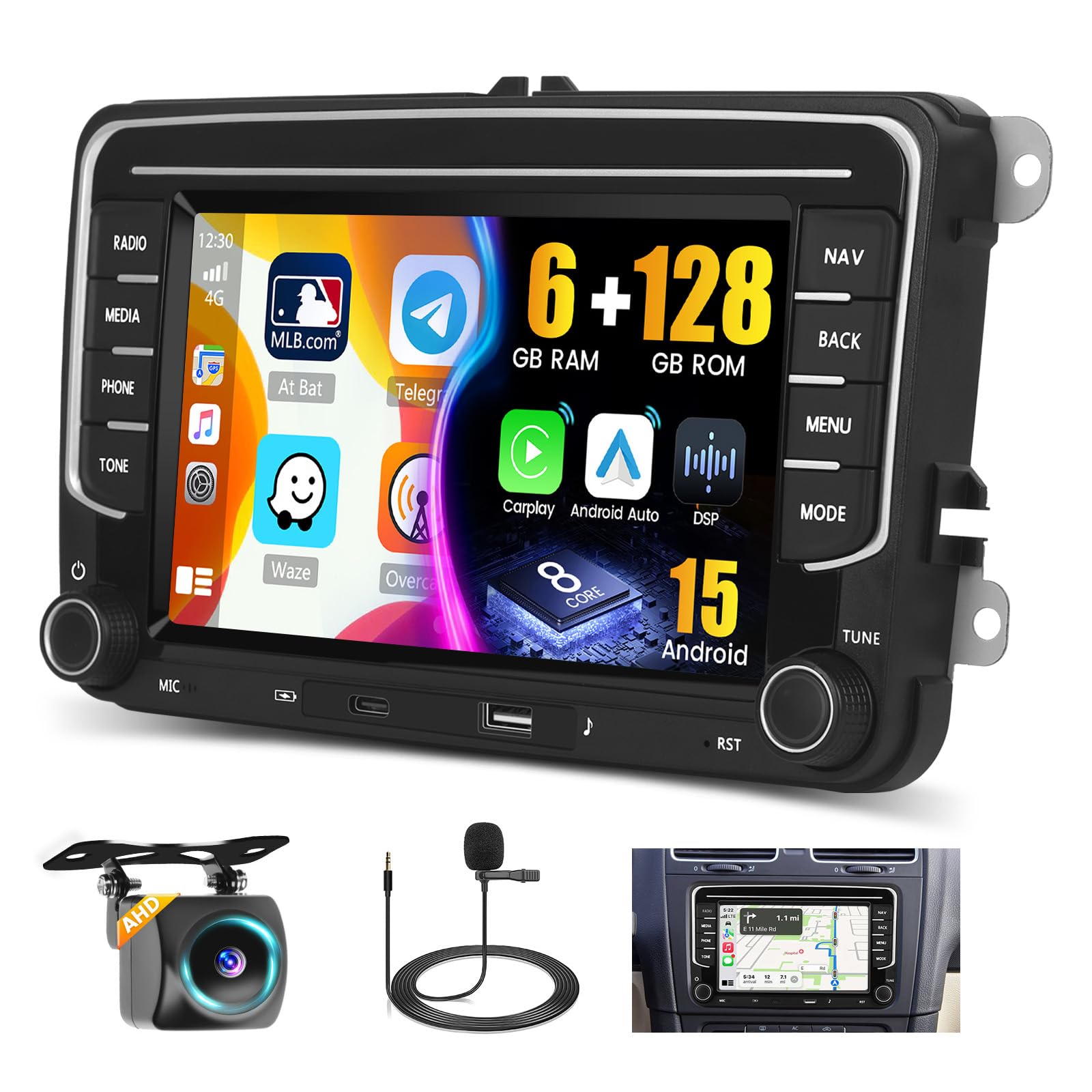 8 Core/6G+128G/DSP Hikity Android 15 Autoradio pour VW Golf 5 6 Passat Tiguan Polo Caddy Seat, 7" Écran Tactile Autoradio avec sans Fil CarPlay Android Auto GPS WiFi RDS/FM BT 59UI Type CSWC MIC CAM