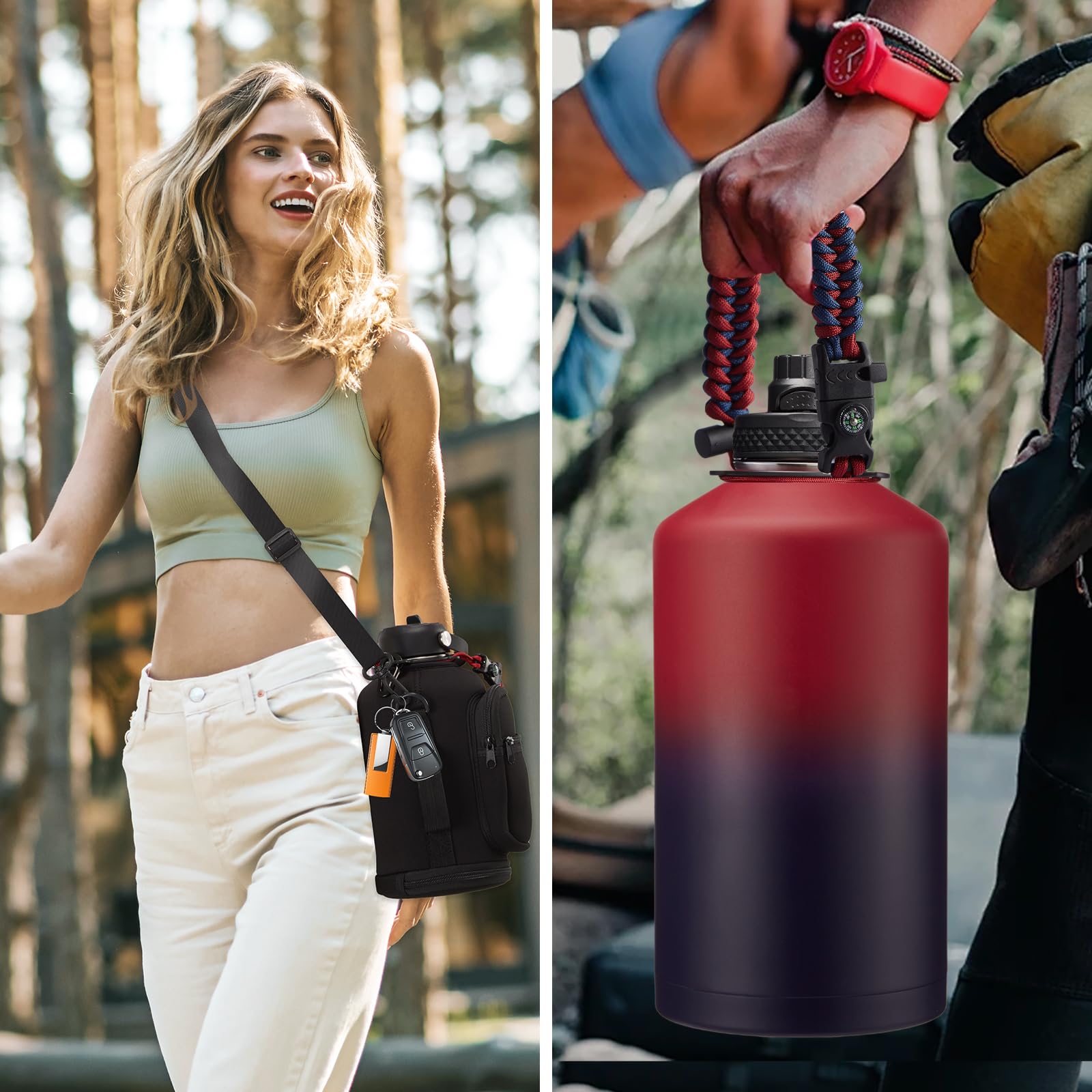 Botella de agua de 1 galón con pajita, jarra de agua de acero inoxidable de 128 onzas con bolsa de transporte, tapa de boquilla automática, mango de paracaídas, botellas de agua aisladas grandes,