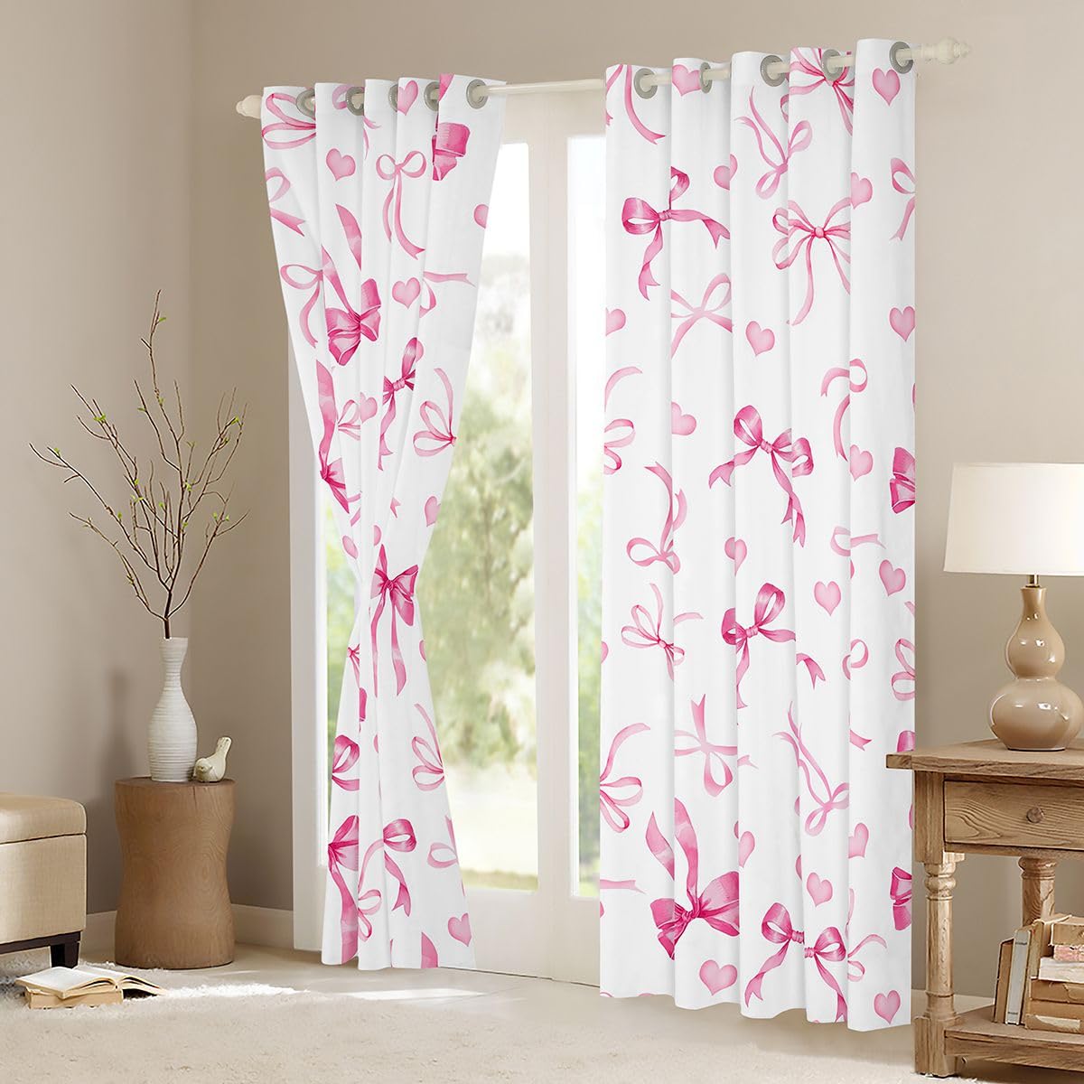 Homewish Różowa wstążka kokarda zasłony okienne 117 x 183 cm, 2 zestawy paneli - różowe kokardki miłość zasłony zaciemniające urocza kokarda węzeł zasłony okienne zasłony dziewczęce