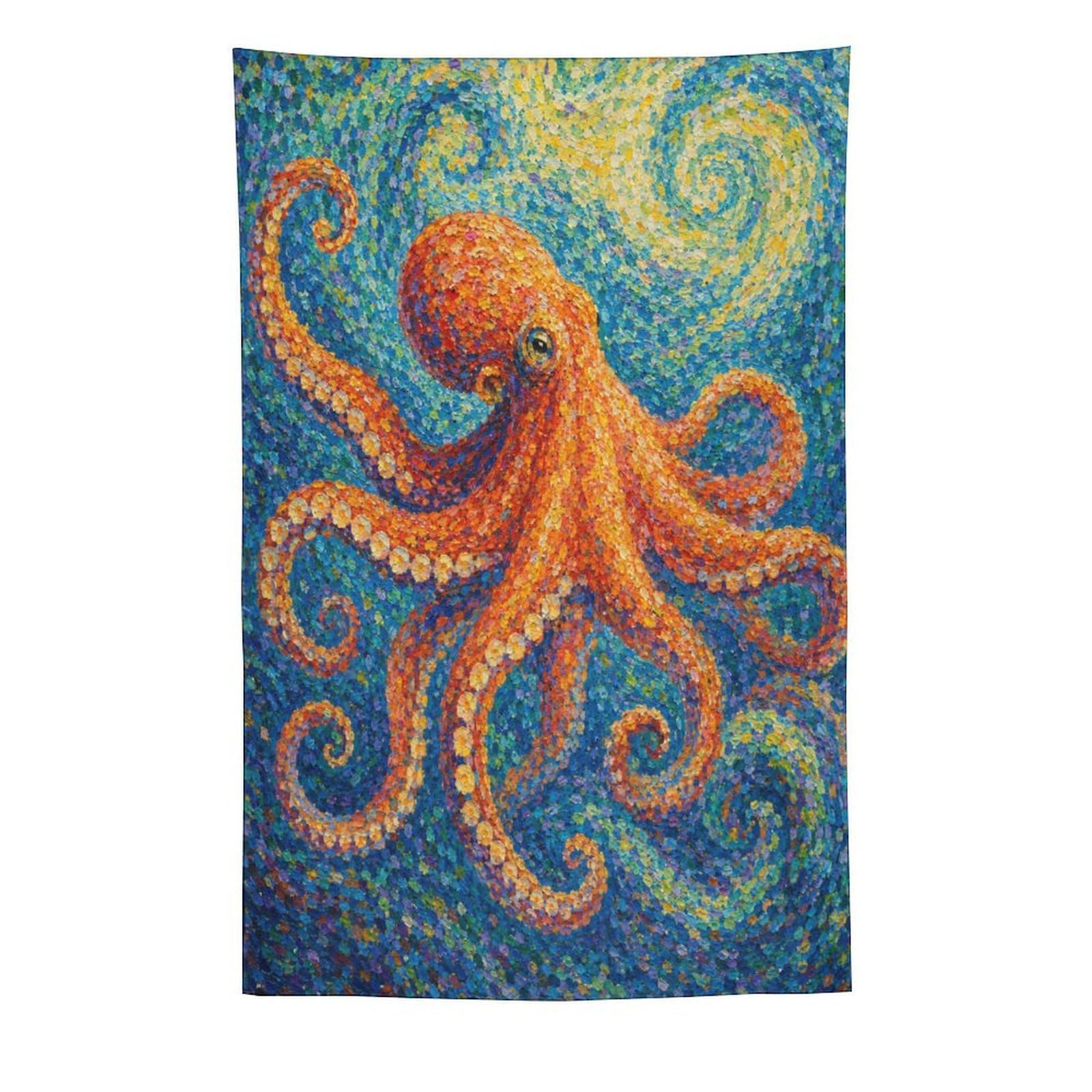 W7C8U2X3 Orange Octopus Wall Tapestry, Impressionist Style, Bright Spiral