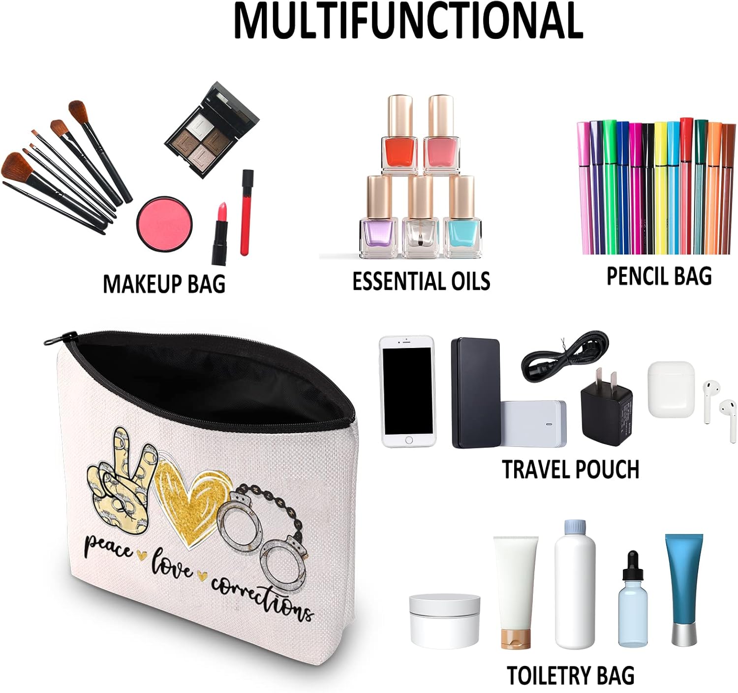G2TUP Police Officer Gift Peace Love Corrections Makeup Bag Correctional Officer Cosmetic Bag New Police Officer Graduation Gift Zipper Travel Bag (Peace Love Corrections White Bag) - Image 6