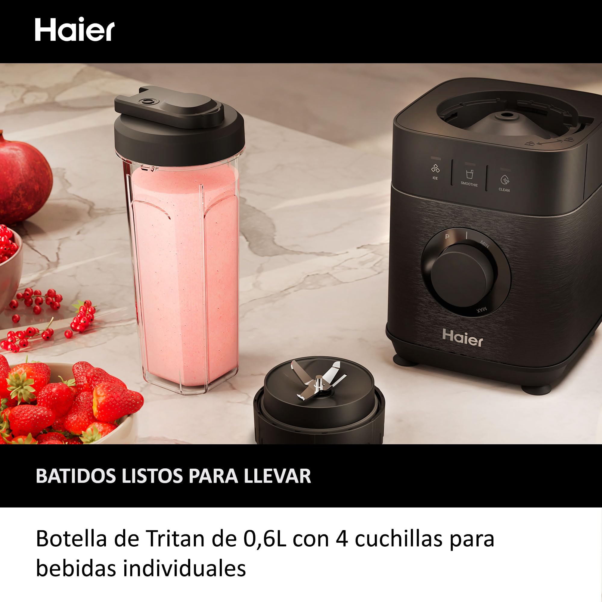 HAIER Batidora de Vaso con Triturador de Hielo, Batidora Smoothies, 5 Velocidades Variables, Limpieza Automática, Jarra de Vidrio de 1.7L, Jarra Portátil de 0.6L, 1200W [I-Master Series 5]
