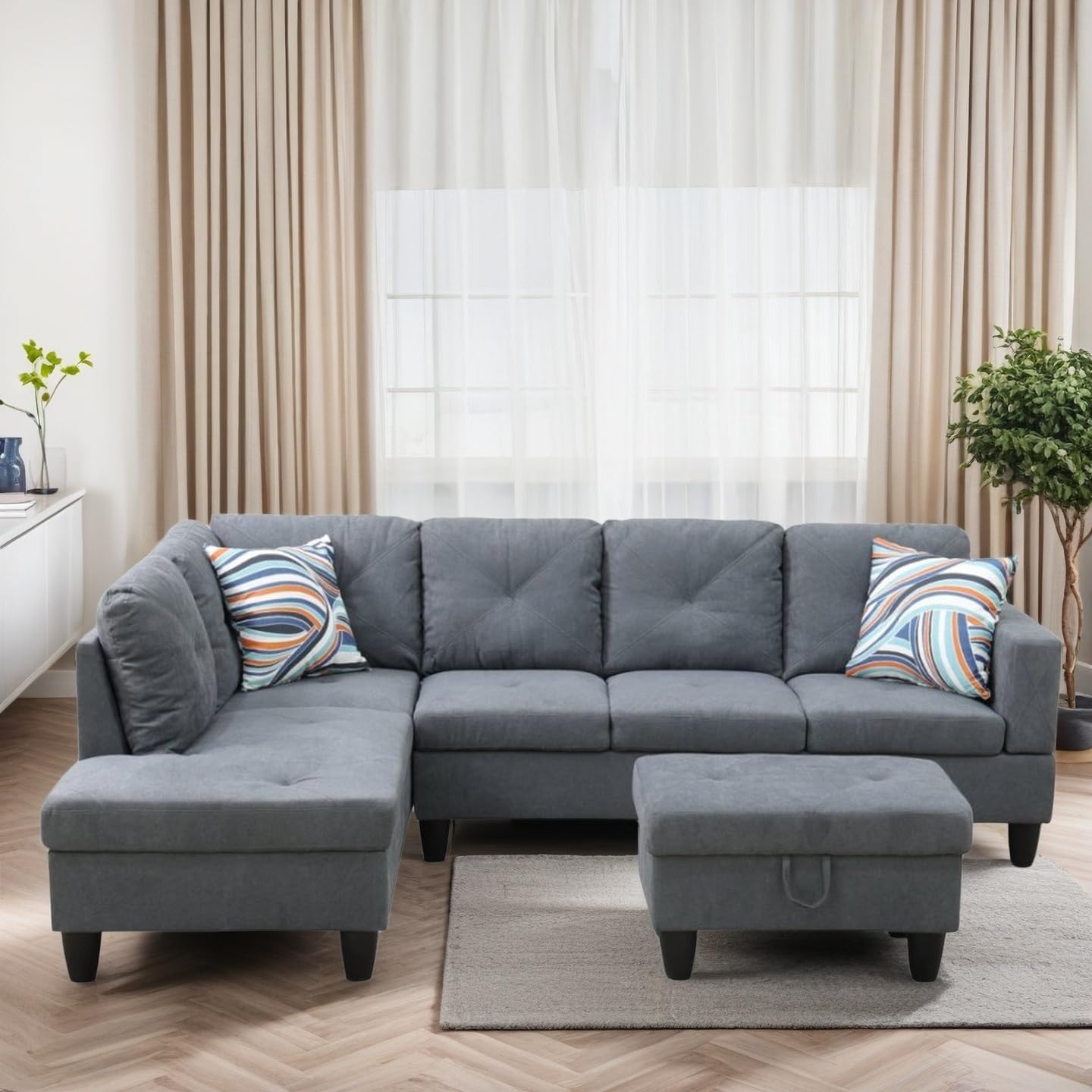 L Shaped Couches for Living Room, Sectional Couch Living Room Furniture with Storage Ottoman, Modular Sectional Sofa with Movable Chaise for Apartment Office, Dark Grey