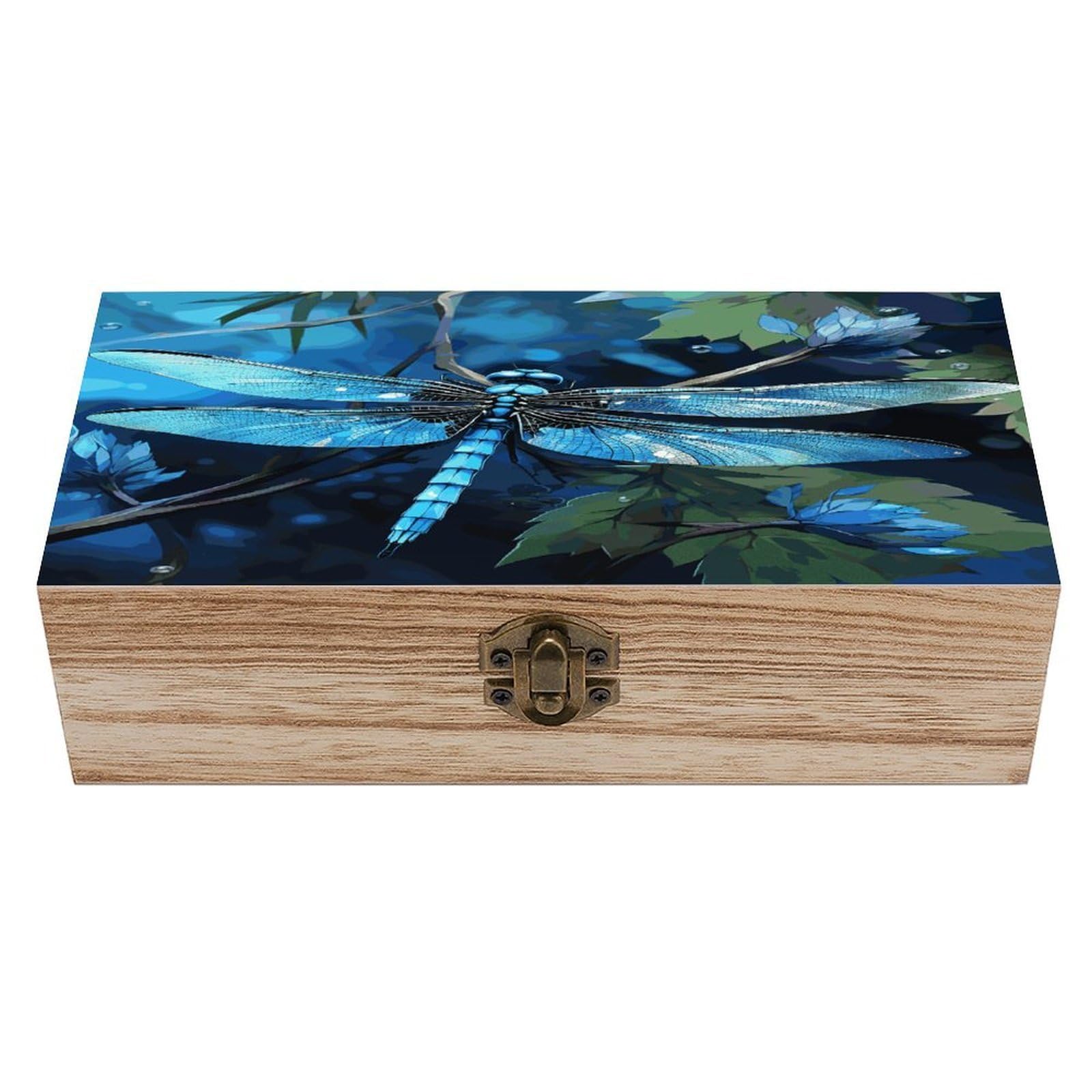 JTREHY Art Blue Dragonfly Wooden Keepsake Box Vintage-Style Wood Keepsake Case with Hinged Lid Solid Wood Boxes Beautifully Memory Treasure Case Vintage-Style Wooden Storage Box