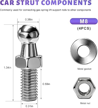 4 PCS 10mm Ball Studs for Car, M8 Vehicle Ball Screws x 1/2 Long Shank with Mounting Hardware, Heavy Duty 8MM Thread Studs for Gas Struts Lift Support, Car Accessories (Silver)