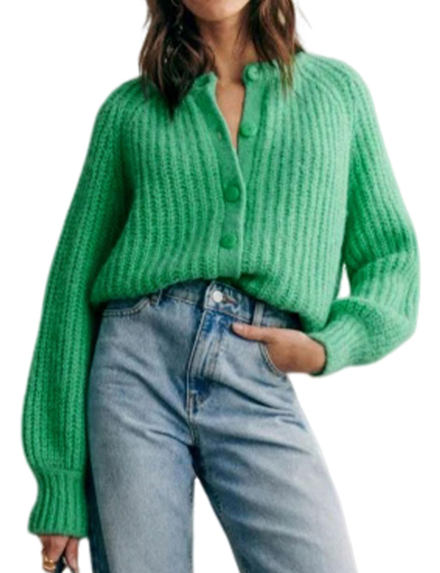Women's Casual Long Sleeve Crewneck Button Down Cardigan Sweater Knit Outwear(Green,M)