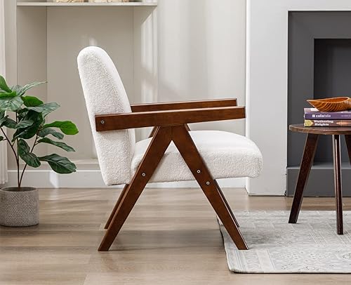 Miniatura 4 de Kmax Silla decorativa blanca de piel de cordero moderna para sala de estar, marco de madera para habitación de invitados, dormitorio, lectura, ocio,