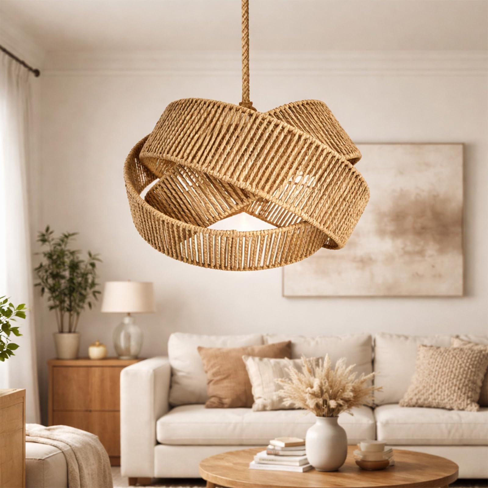 Voltico Light Brown Rattan Lampshade 30Cm Pendant Light Shade Handwoven Wicker Ring Ceiling Shade Boho Natural Hanging Lampshade For Living Room Bedroom Dining Room