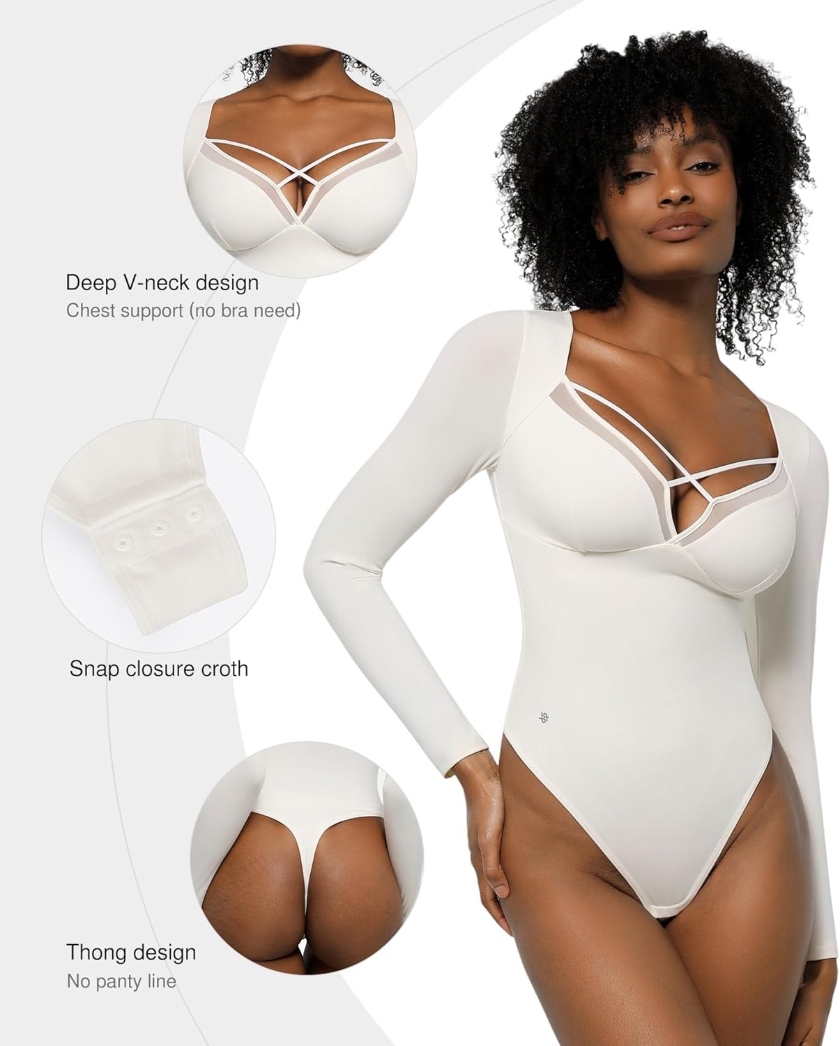 Popilush Long Sleeve Body Suits for Womens Deep V-Neck Shapewear Bodysuit Tummy Control Thong Going Out Tops - Image 3