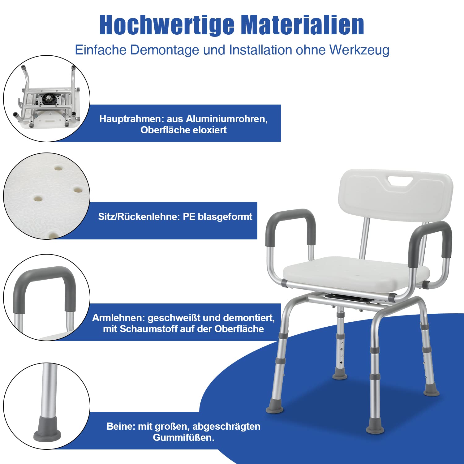 Randaco Stołek prysznicowy obracany o 360° z oparciem i podłokietnikami, regulacja wysokości 70-78 cm, antypoślizgowy taboret prysznicowy, krzesło do wanny, dla osób niepełnosprawnych, seniorów i