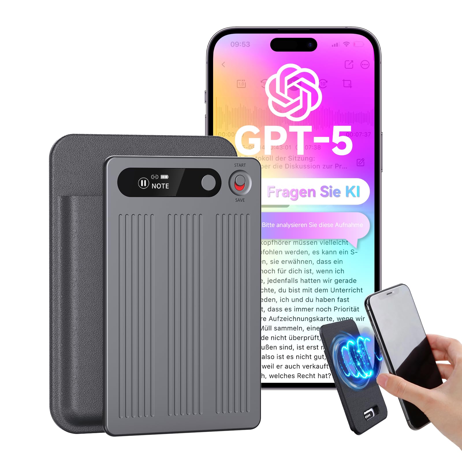 KI Digitales Diktiergerät mit Hülle, Transkribieren und Zusammenfassen, App-Steuerung, One-Touch-Aufnahme, Unterstützt 80+ Sprachen Übersetzung, 64 GB Speicher, Für Telefonate, Besprechungen