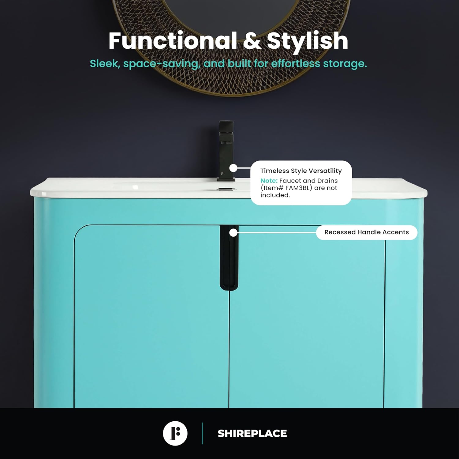 Fine Fixtures Shireplace Collection, 36 Inch Bathroom Vanity with Sink, Bathroom Cabinet Storage, Freestanding Vanity, Tiffany Blue – Elegant Modern Design, Soft-Close Doors, Recessed Handle