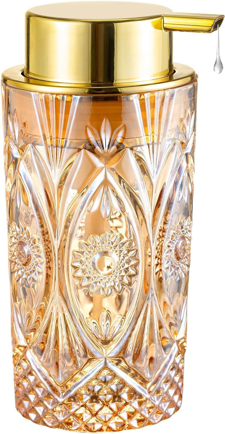 Glass Liquid Soap Dispenser, Refillable Liquid Dispenser with Gold Pump, Hand Soap Dispenser for Bathroom Kitchen, Modern Home Bathroom Decor ?Liquid Type/Gold? A9-4 Liquid Type/Gold-sun Pattern
