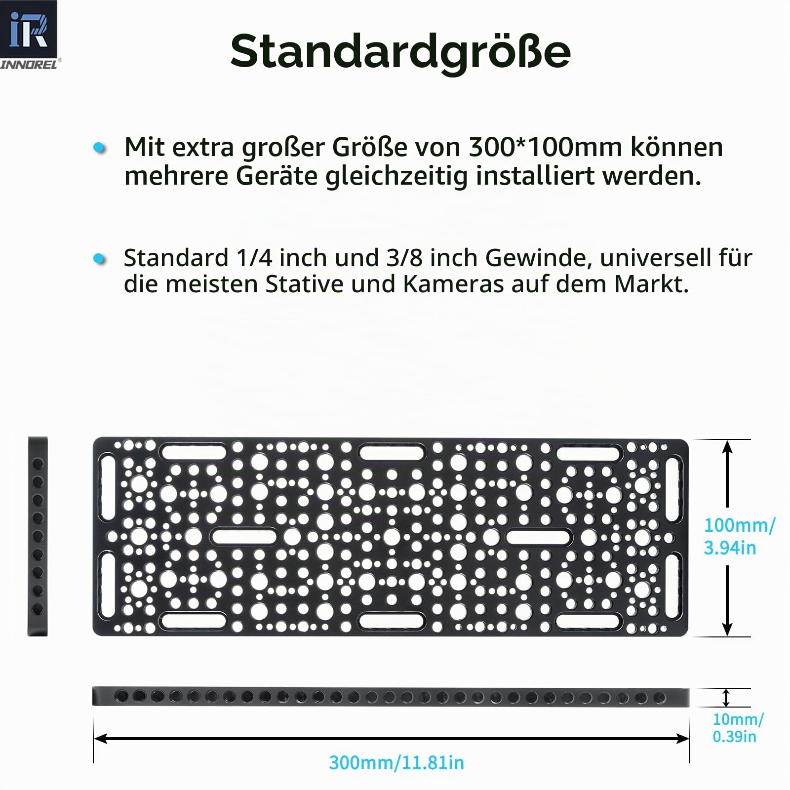 INNOREL CP3010 30 * 10 cm Multifunktionale Käseplatte mit 1/4"- und 3/8"-Gewinde,Wechselbare Montageplatte mit integrierten ARRI-Befestigungslöchern für Kamera und Stativ