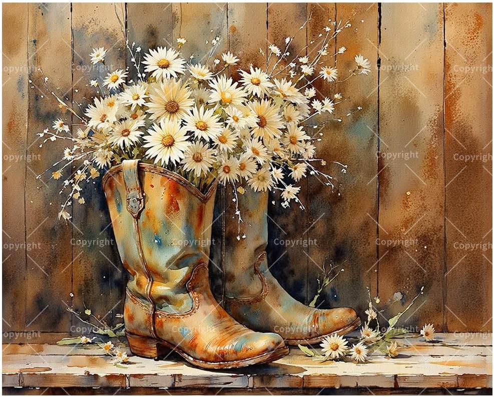 Still Life Paint by Numbers Kit for Adults - DIY Cowboy Boots Filled with White Daisies Painting on Canvas, Acrylic Paint Set, Suitable for Beginners, for Home Decoration or Gifts(16X20IN Framed)