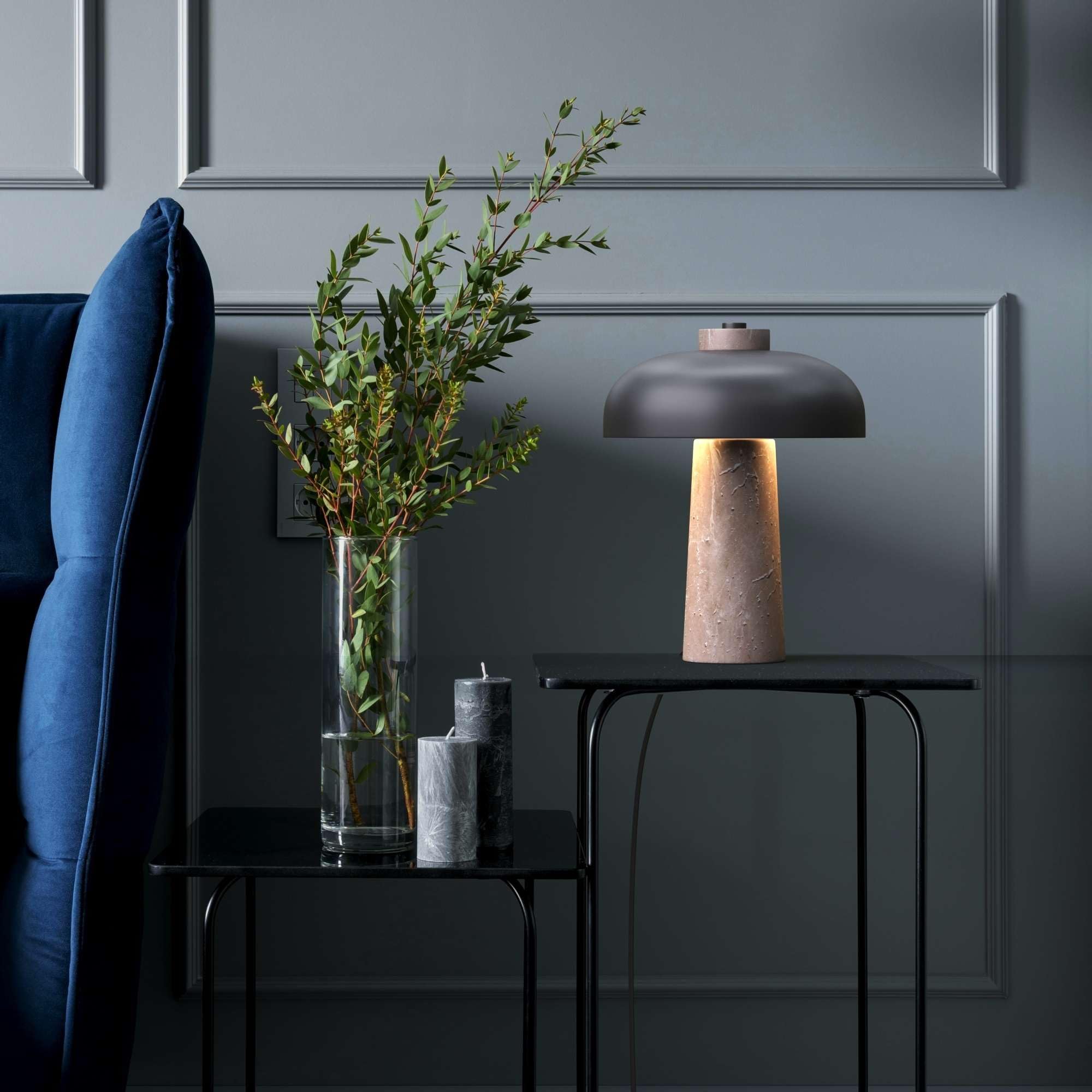 B·LED Barcelona Tischlampe aus Naturstein mit Marmorsockel, modernes minimalistisches Design, warmes LED-Stimmungslicht, Aluminium-Schirm in Weiß oder Schwarz, ideal für Wohnzimmer, Nachttisch