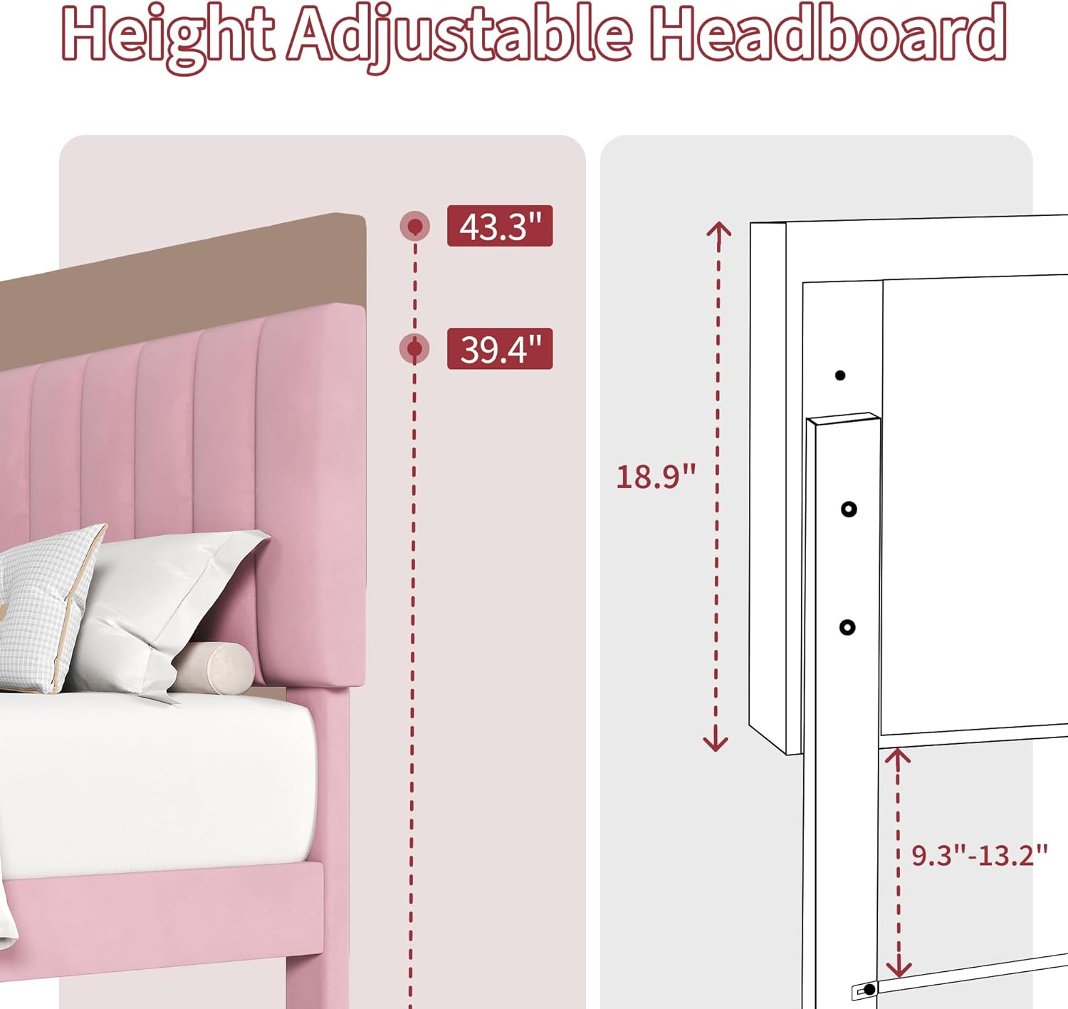 IDEALHOUSE Full Size Bed Frame, Velvet Upholstered Platform Bed with Adjustable Vertical Channel Tufted Headboard, No Box Spring Needed, Easy Assembly, Pink - Image 4