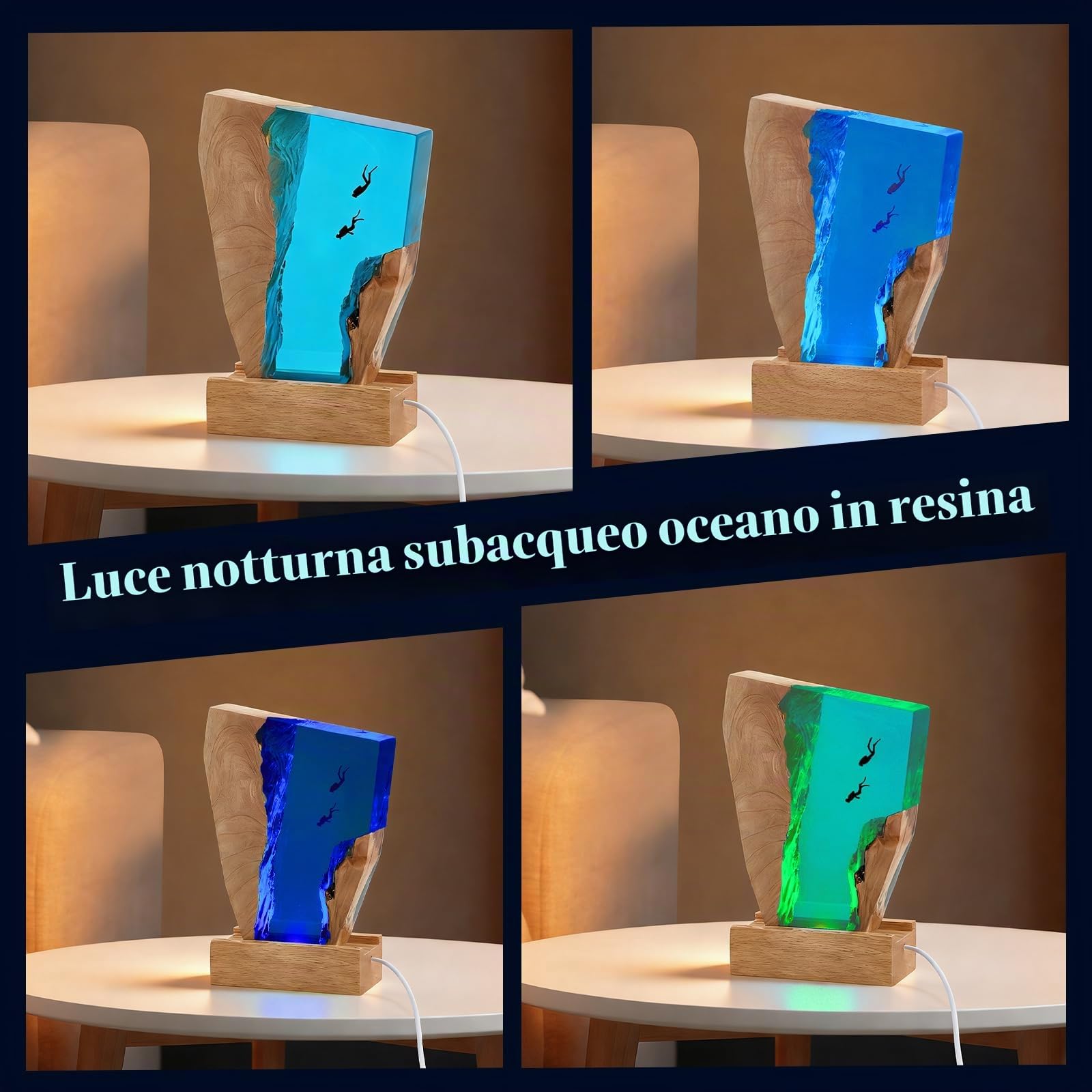 Luce Notte Resina, Luce Lampada Notturna 3D Oceano in Resina, Lampada Oceanica LED Subacqueo Base in Legno, Epossidica Paesaggio Sottomarino, Decorazion per Cameretta Soggiorno Ufficio