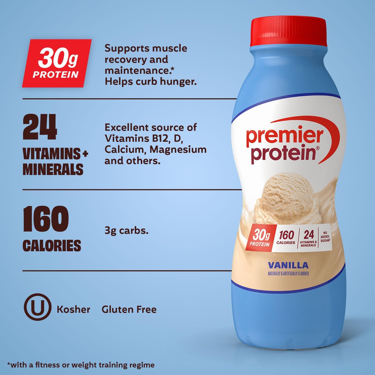 Premier Protein Shake, Vanilla, 30g Protein, No Added Sugar, 24 Vitamins & Minerals to Support Immune Health, 11.5 fl oz, 12 Pack (Packaging May Vary)