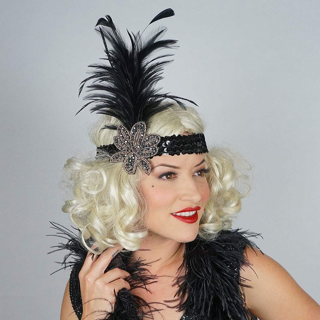 ZUCKER Art Deco Flapper Headband w/Hackle Feather Spray - Roaring 20's Great Gatsby Beaded Headpiece