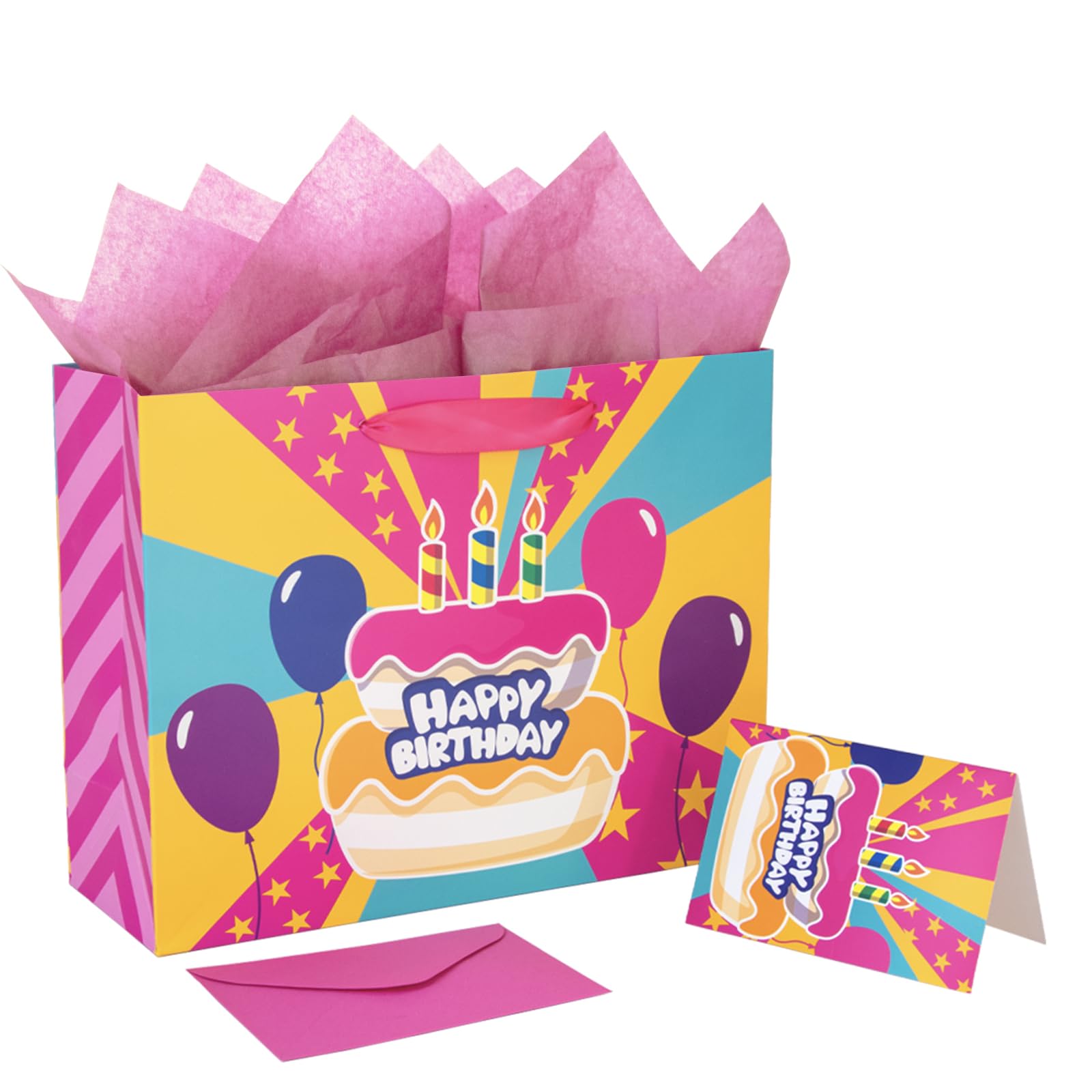 FOREVER 7 STAR Pink Happy Birthday Gift Bag With Handles Tissue Papers and Greeting Card,13 Inch Medium Size for Birthday Perfect for Girl,Women,Mom