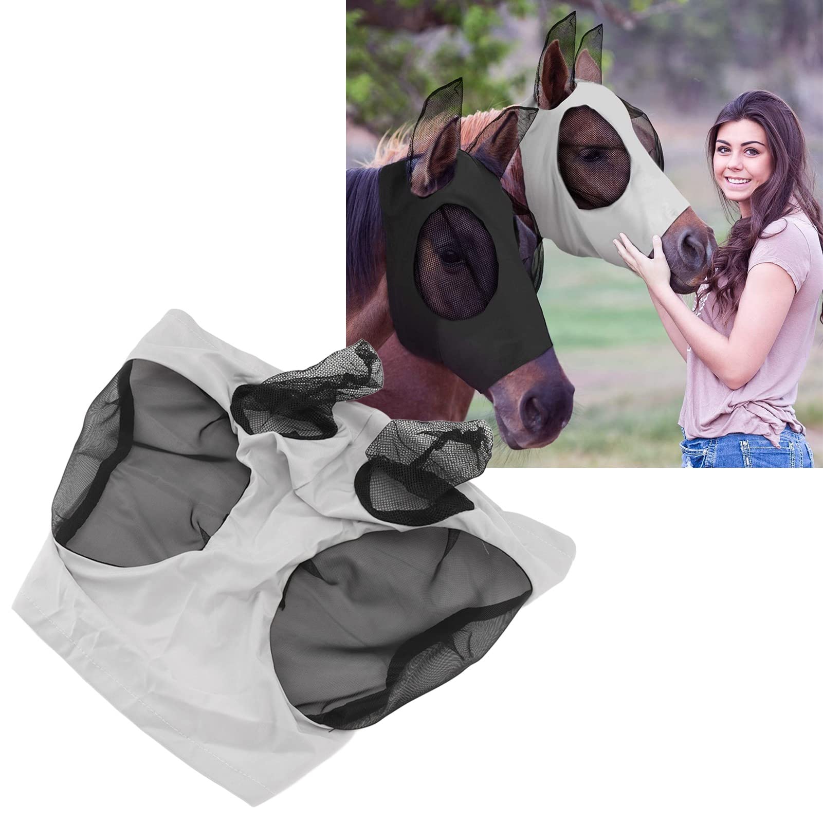 Adiwo Masque Anti-mouches Pour Chevaux Avec Oreilles, Super Confortable – Taille Complète, Lycra Respirant Et élastique, Protection UV Et Insectes, Taille L Avec Bordure En Toile (gris