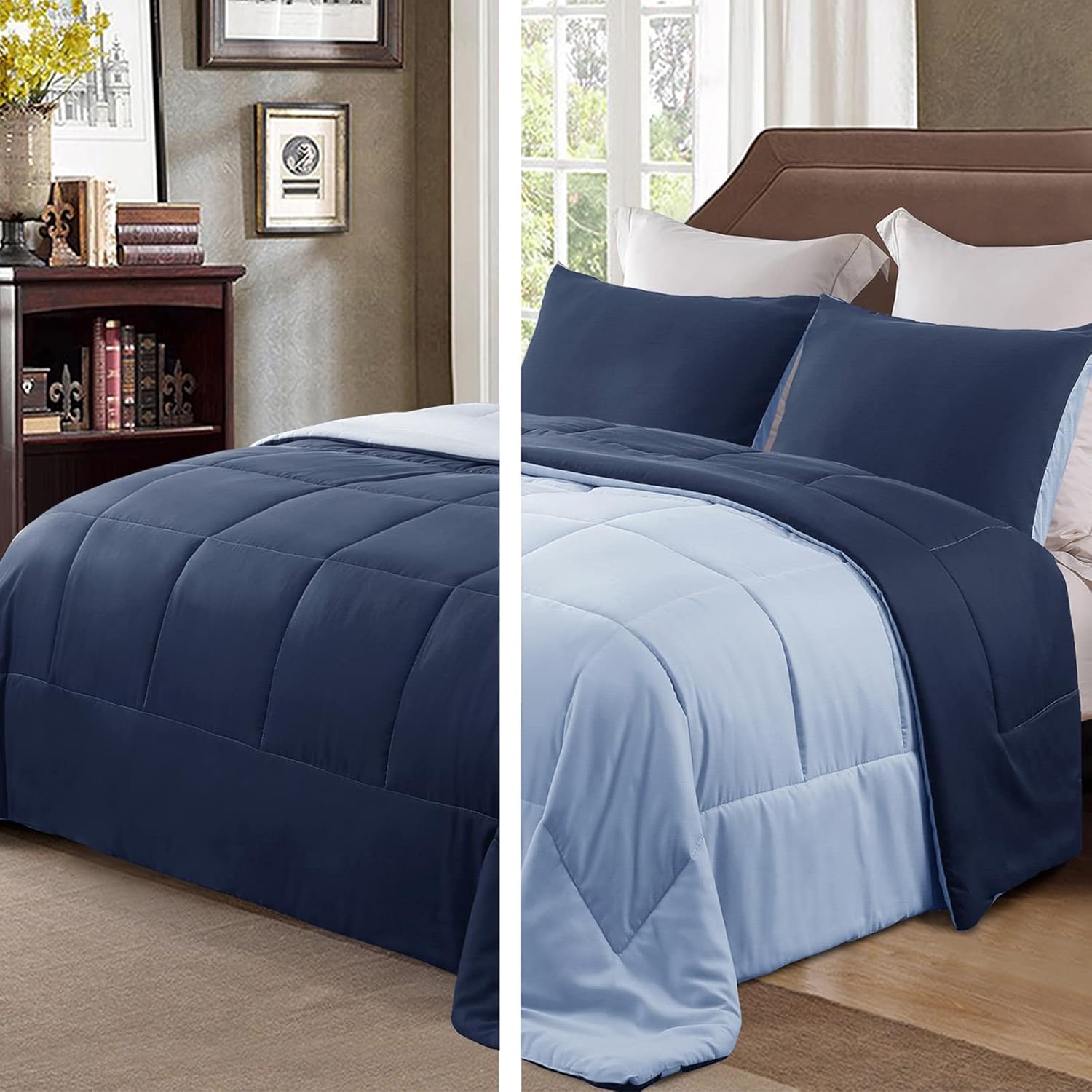 Exclusivo Mezcla Lightweight Reversible King Size Comforter Set, Down Alternative Comforter with 2 Pillow Sham, King Size Bedding Set for All Seasons, Navy/Blue