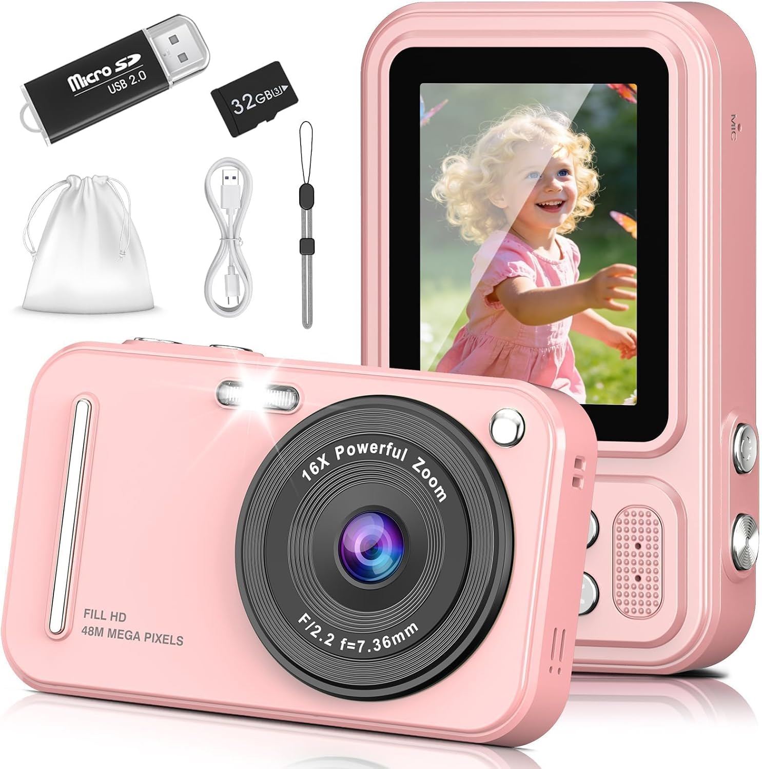 Digital Camera for Kids, 48MP FHD 1080P Point and Shoot Digital Cameras with 16X Zoom Anti-Shake, Compact Portable Cameras for Photography, for Boys Girls Teens Beginners