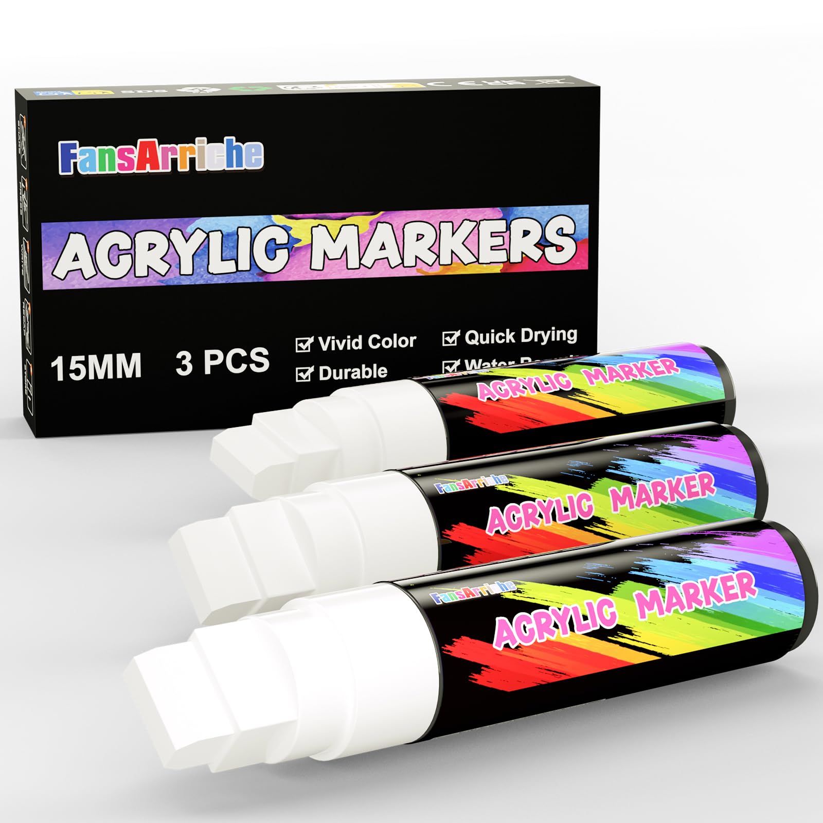 FansArriche Acrylic Paint Pens, 3 White Acrylic Paint Markers, 15 mm Jumbo Felt Tip Permanent Marker Pens, Waterproof Coloring Pens for Marking, Signs, Calligraphy, Outdoor Paintings