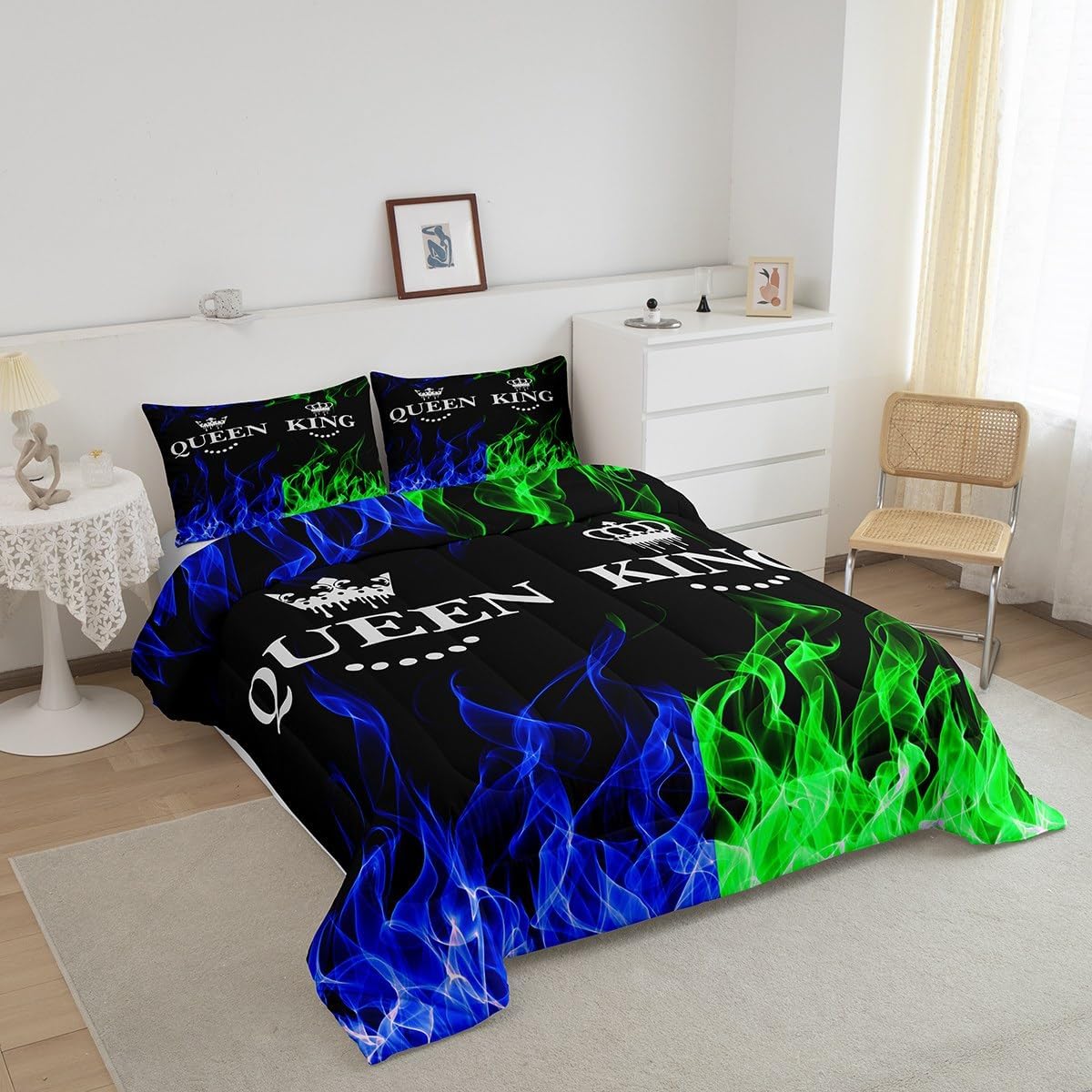 Feelyou King and Queen Crown Comforter Set Modern Chic Bedding Set Queen Size Duvet Insert All Season Sets for Couples 3 Pieces Green Blue Flame Quilt Valentines Day Gifts Decorative Bedroom