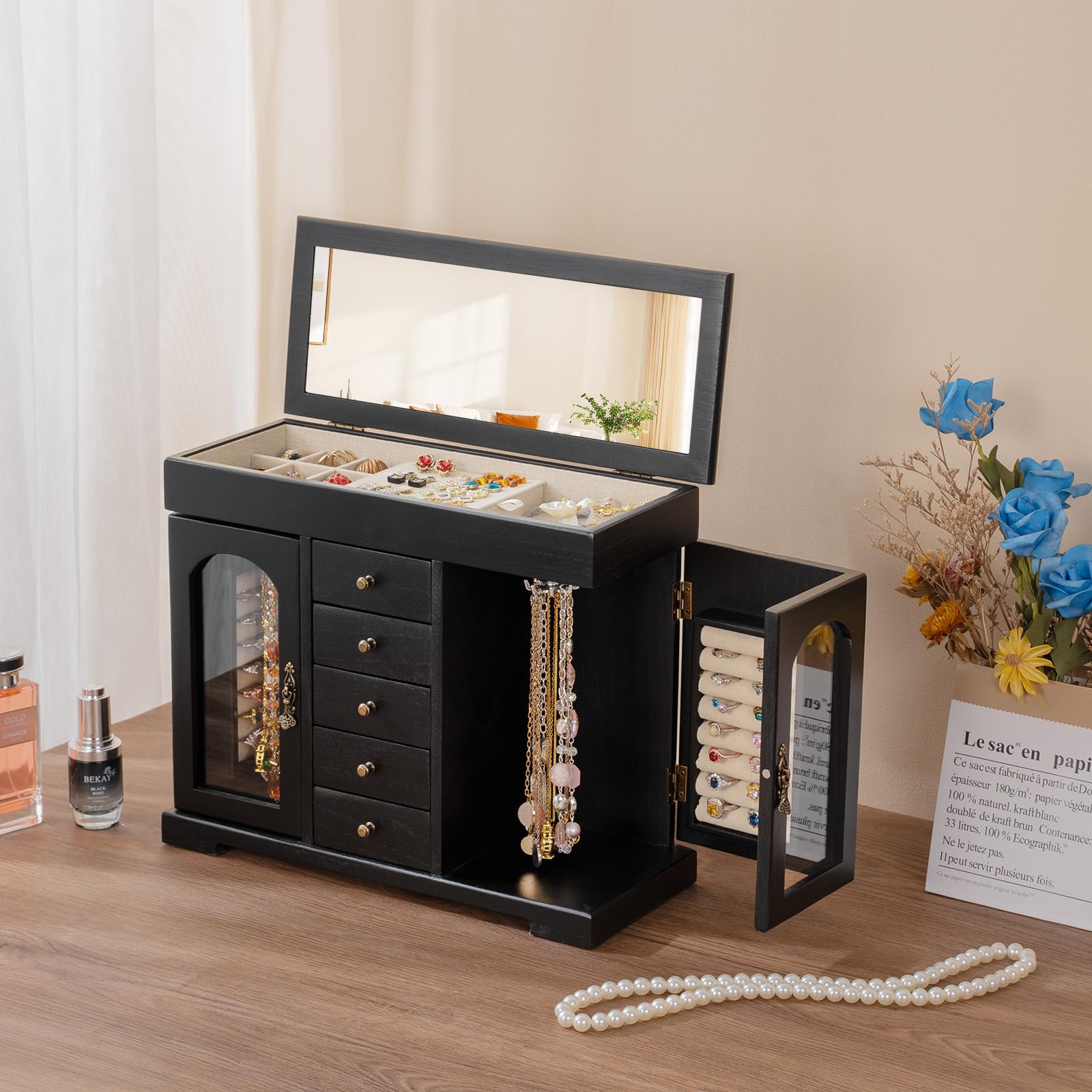 Schmuckkästchen, Rustikales Holz Groß Schmuckkasten Organizers mit Spiegel, Schmuckaufbewahrung, 6 Ebenen Schmuckbox für Ringe, Ohrringe, Halsketten, Armbänder (Schwarz)