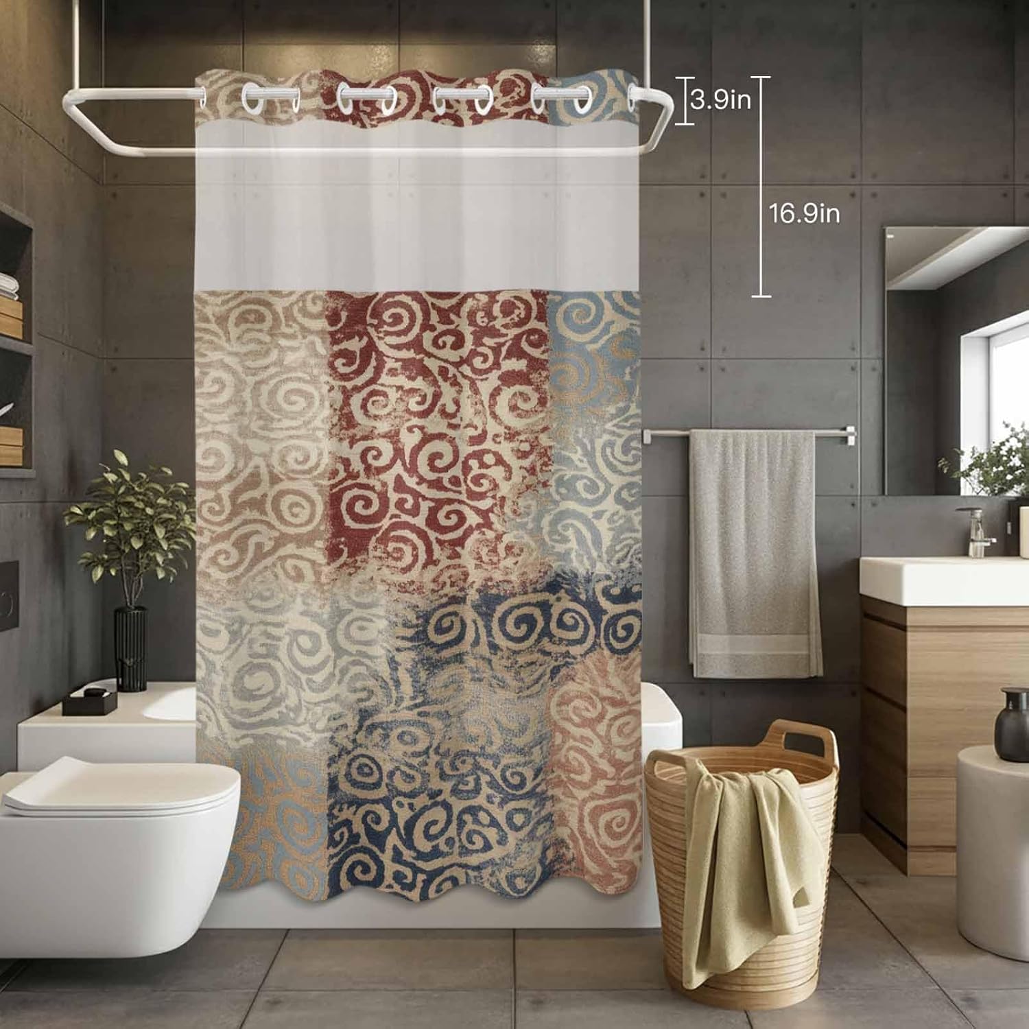 Brown Pattern No Hook Shower Curtain with Snap in Liner Retro Abstract Art Classic Brown Red Blue Pattern Waterproof Bathroom Shower Curtain with See Through Top Window for Bathtub 54" x 78"