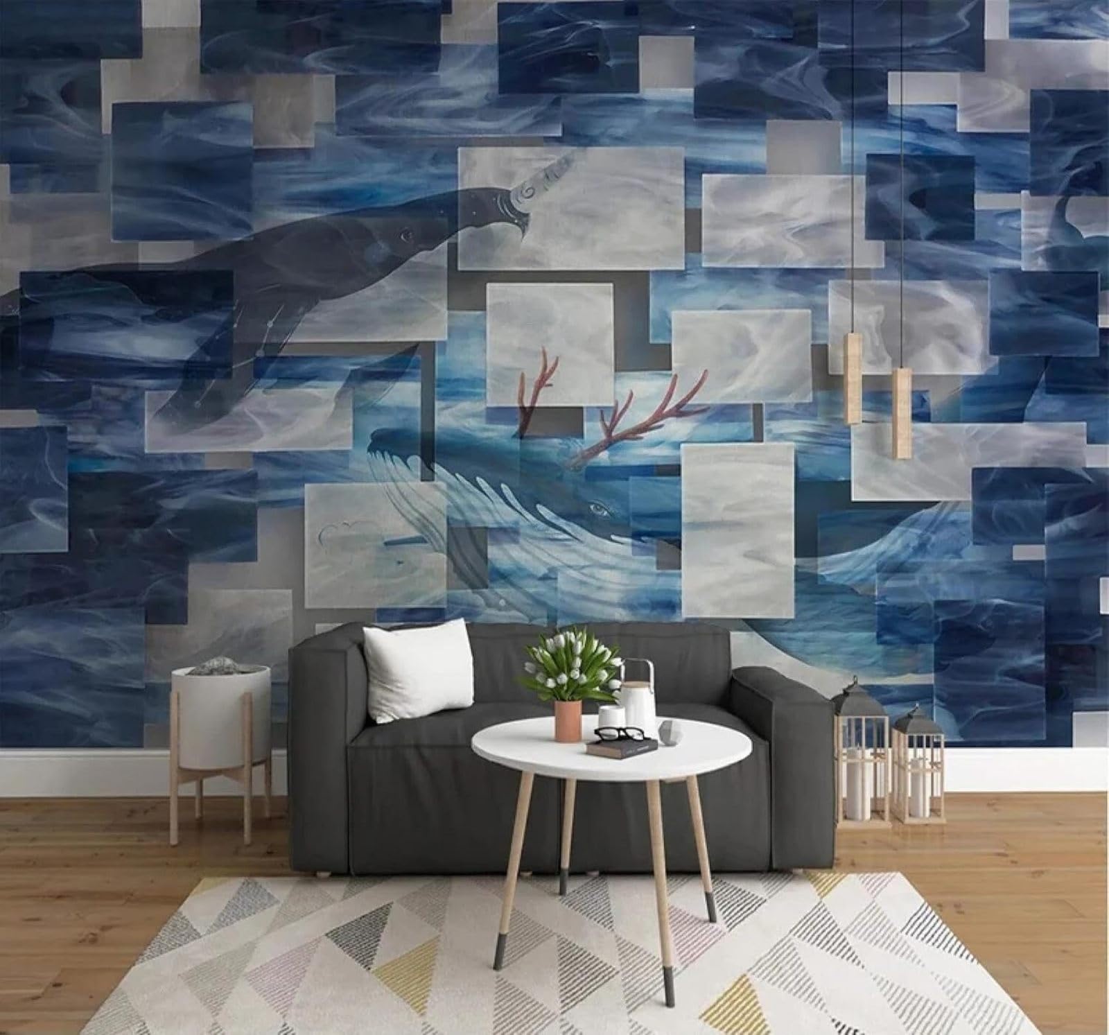 XLMING Abstract Blue Geometric Sea Whale 3D Wallpaper Luxury Home Dining Decor Paste Sofa Living Room The Wall for Bedroom Mural-350cm×256cm